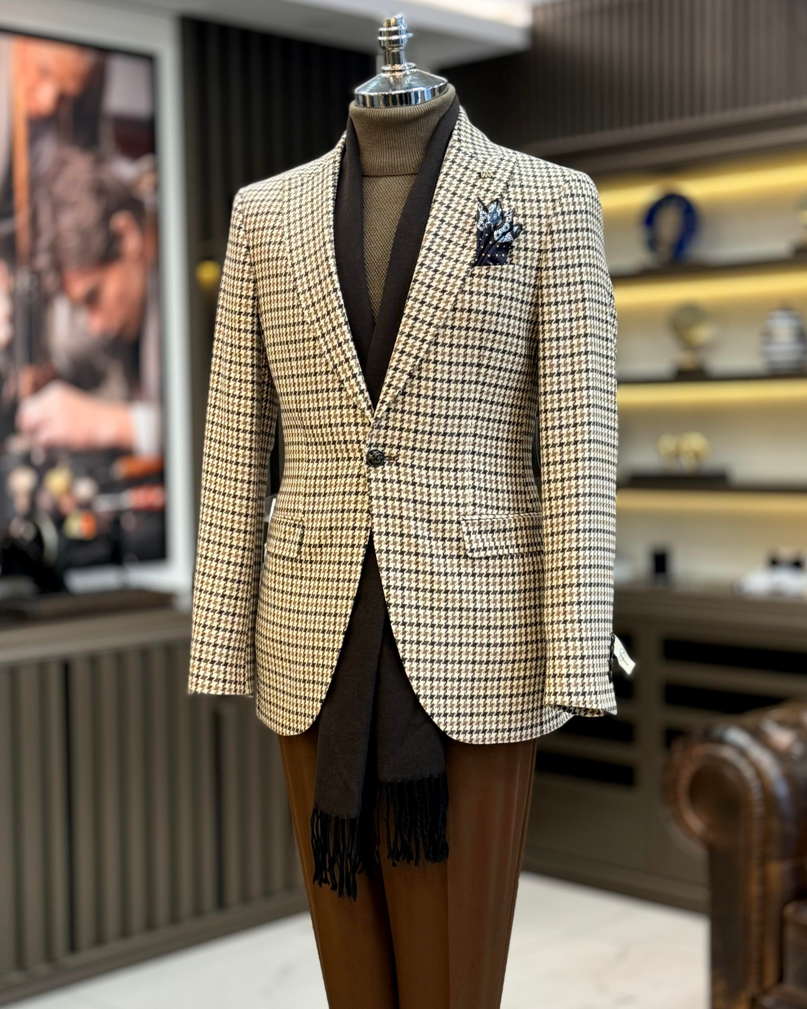 İtalyan stil slim fit kazayağı desen erkek ceket kahverengi T13045