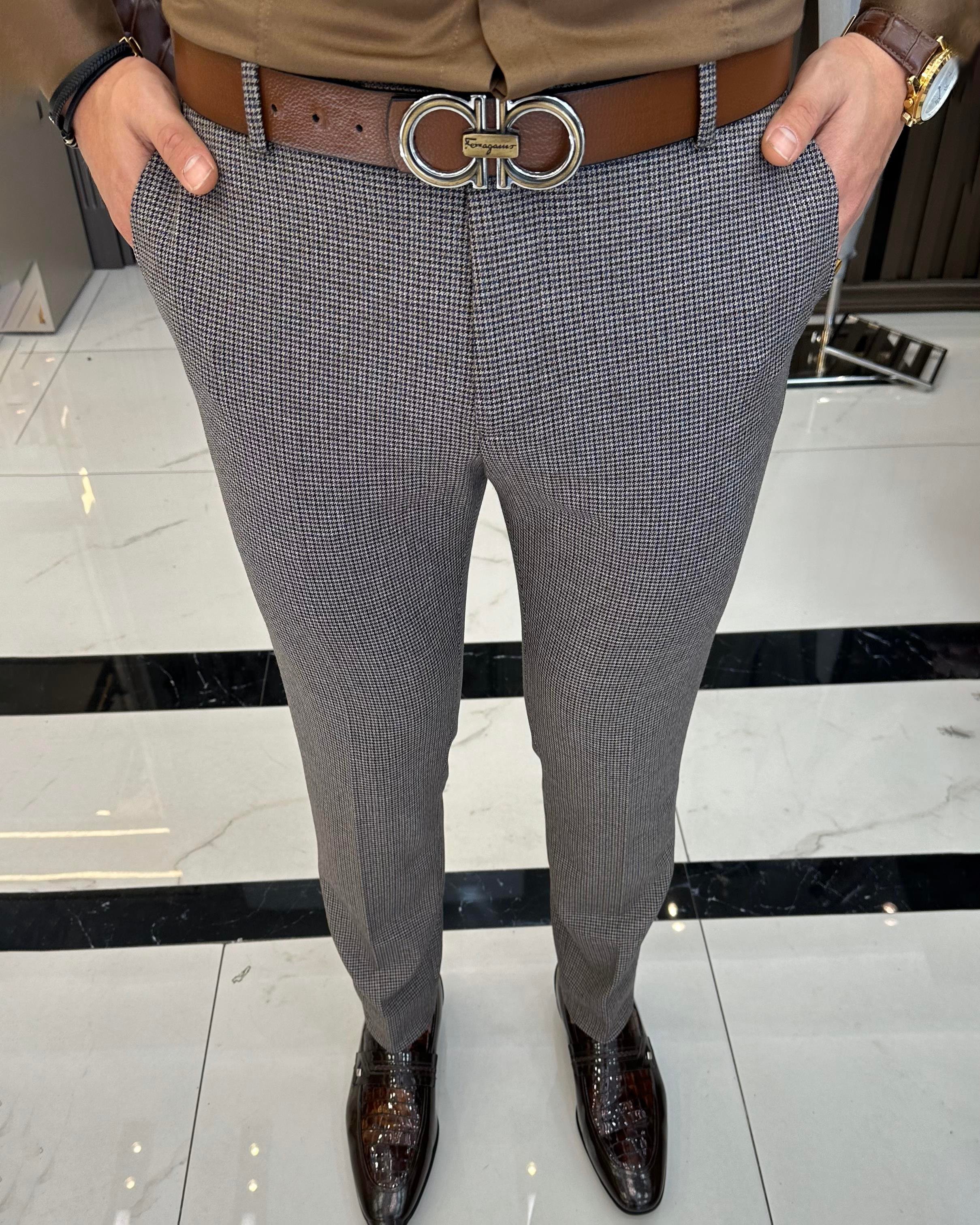 Italian style slim fit houndstooth pattern men's trousers brown T10172