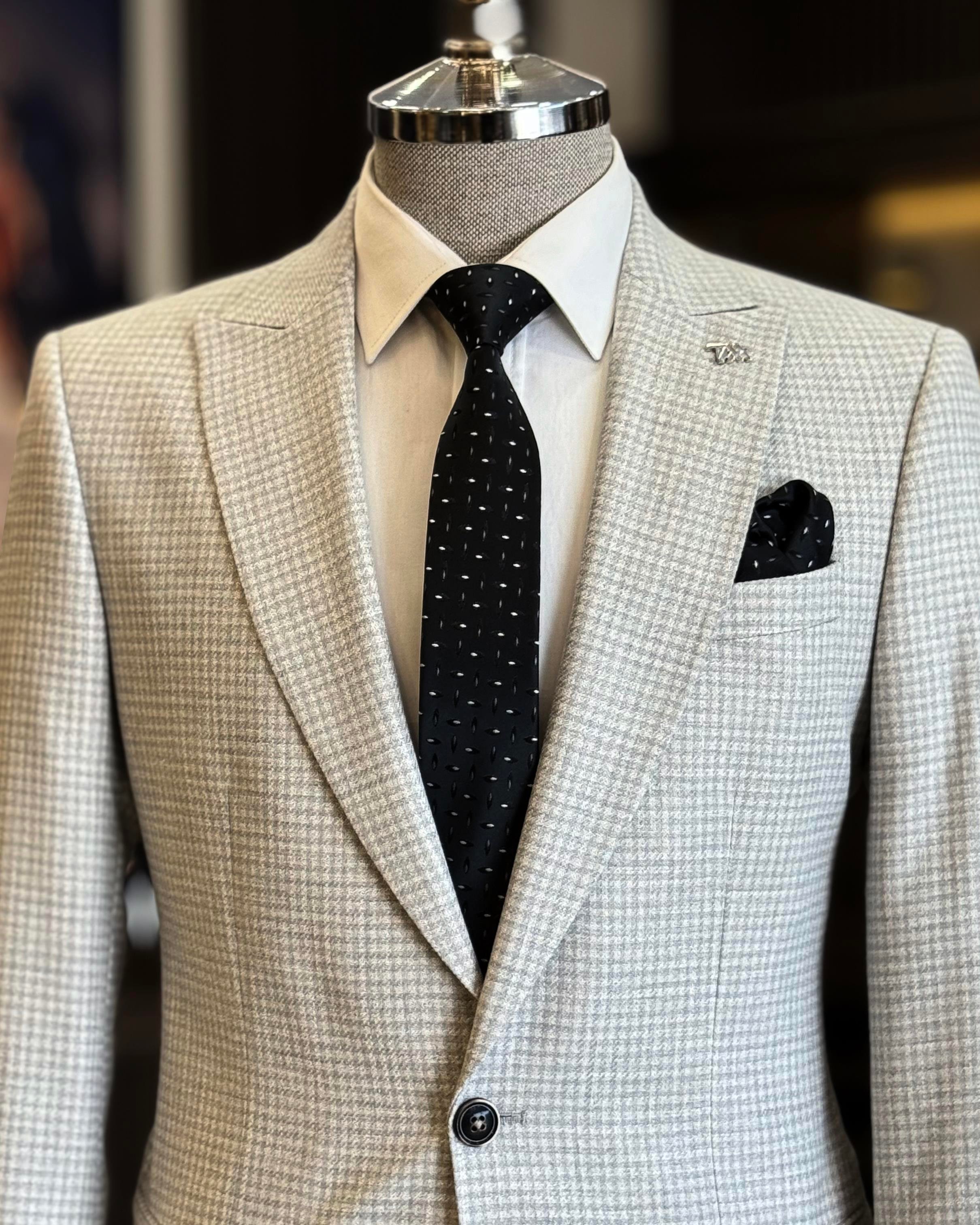 İtalyan stil slim fit kazayağı desen erkek ceket gri  T12544