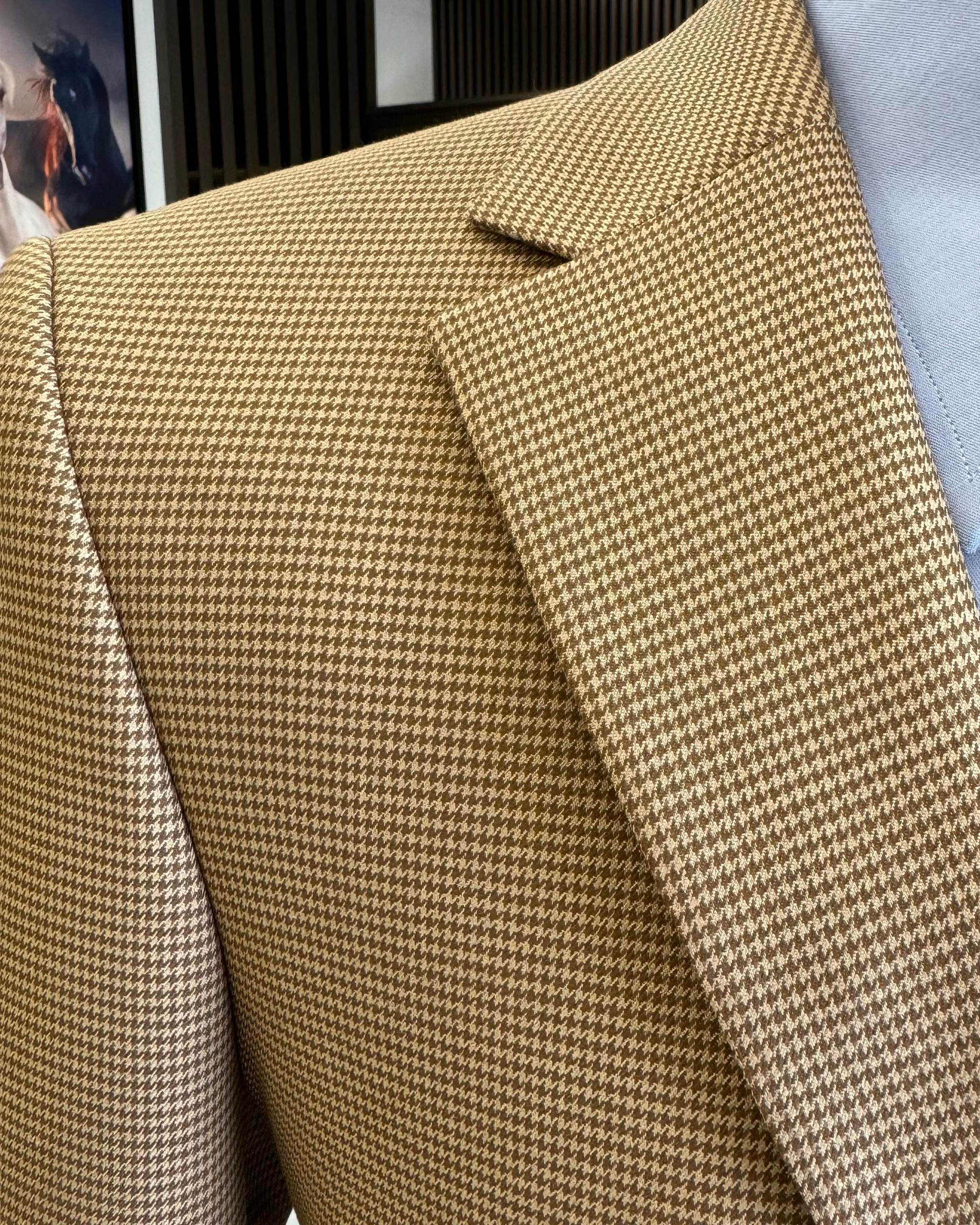 İtalyan stil slim fit kazayağı desen erkek ceket kahverengi T12626