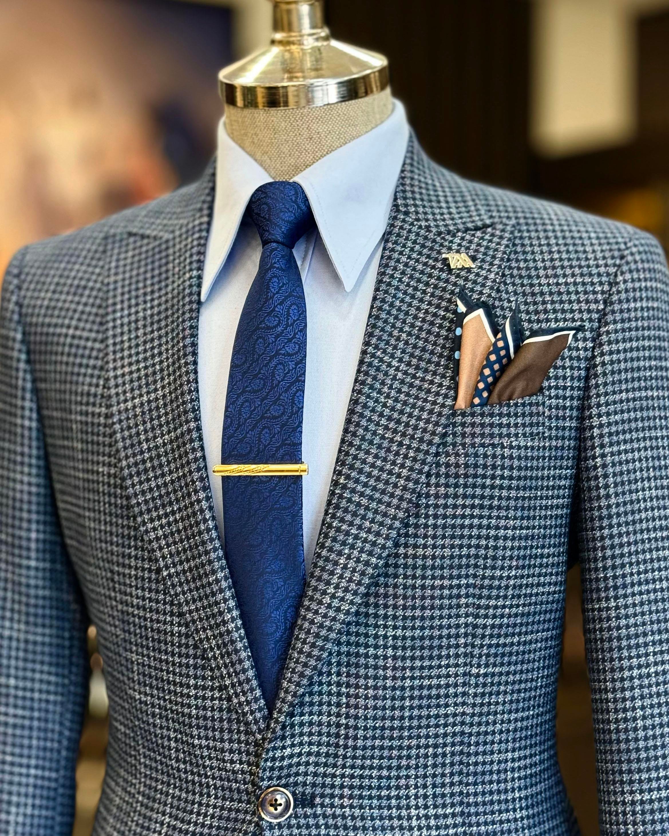 İtalyan stil slim fit kazayağı desen erkek ceket lacivert  T12541