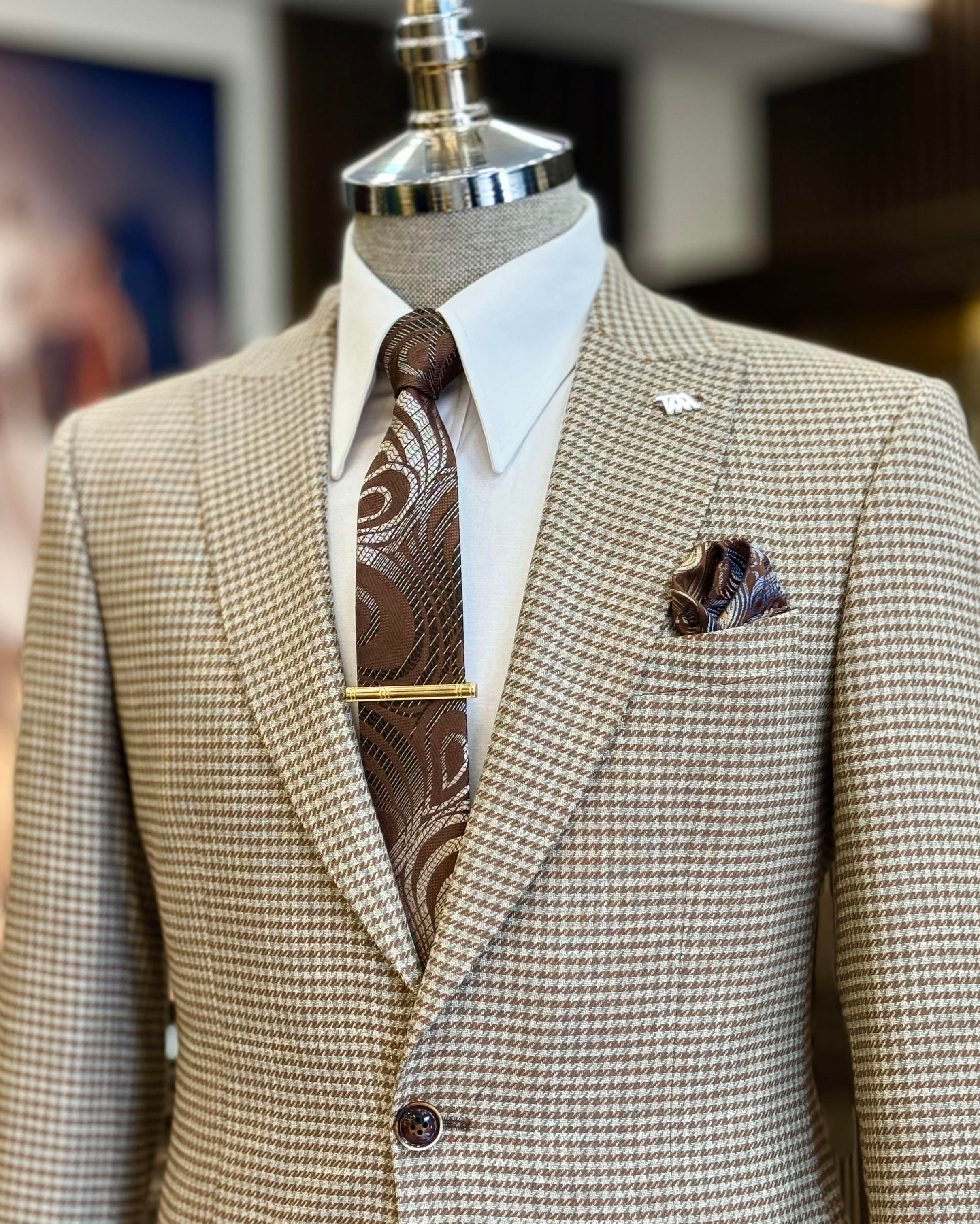 İtalyan stil slim fit kazayağı desen erkek ceket kahverengi T12545