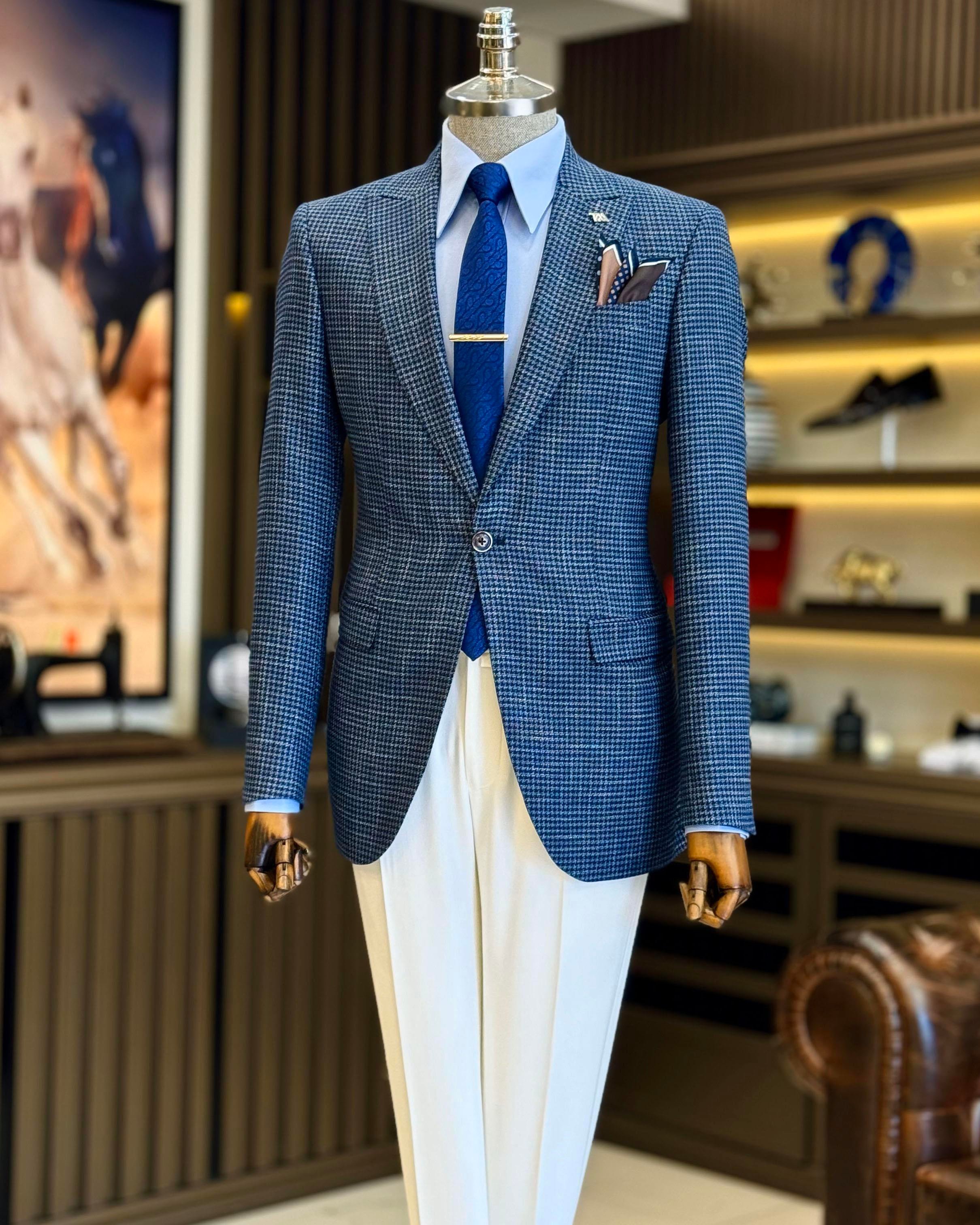 İtalyan stil slim fit kazayağı desen erkek ceket lacivert  T12541