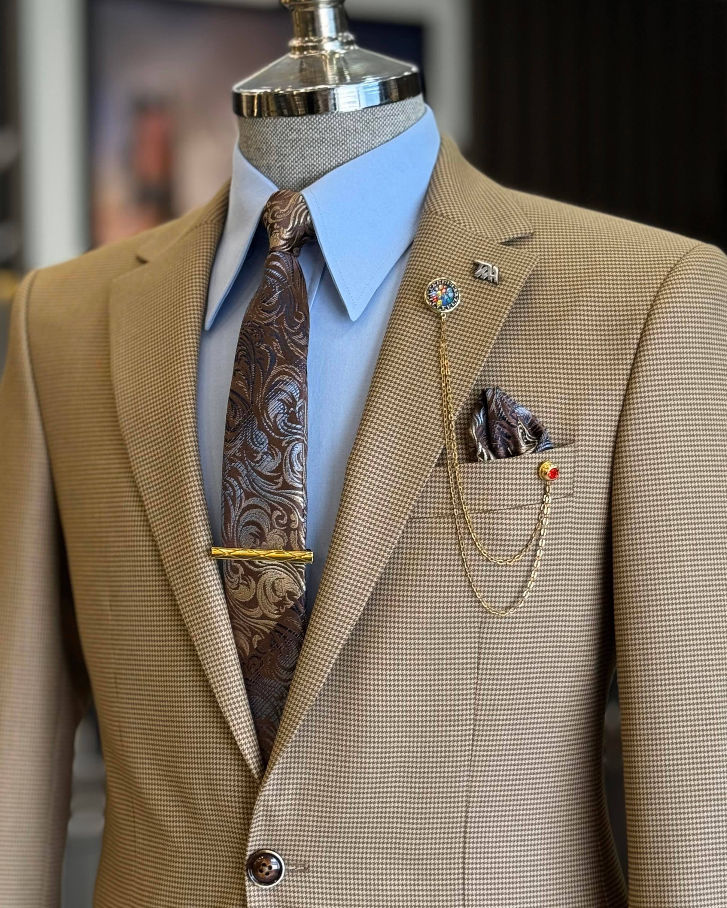 İtalyan stil slim fit kazayağı desen erkek ceket kahverengi T12626