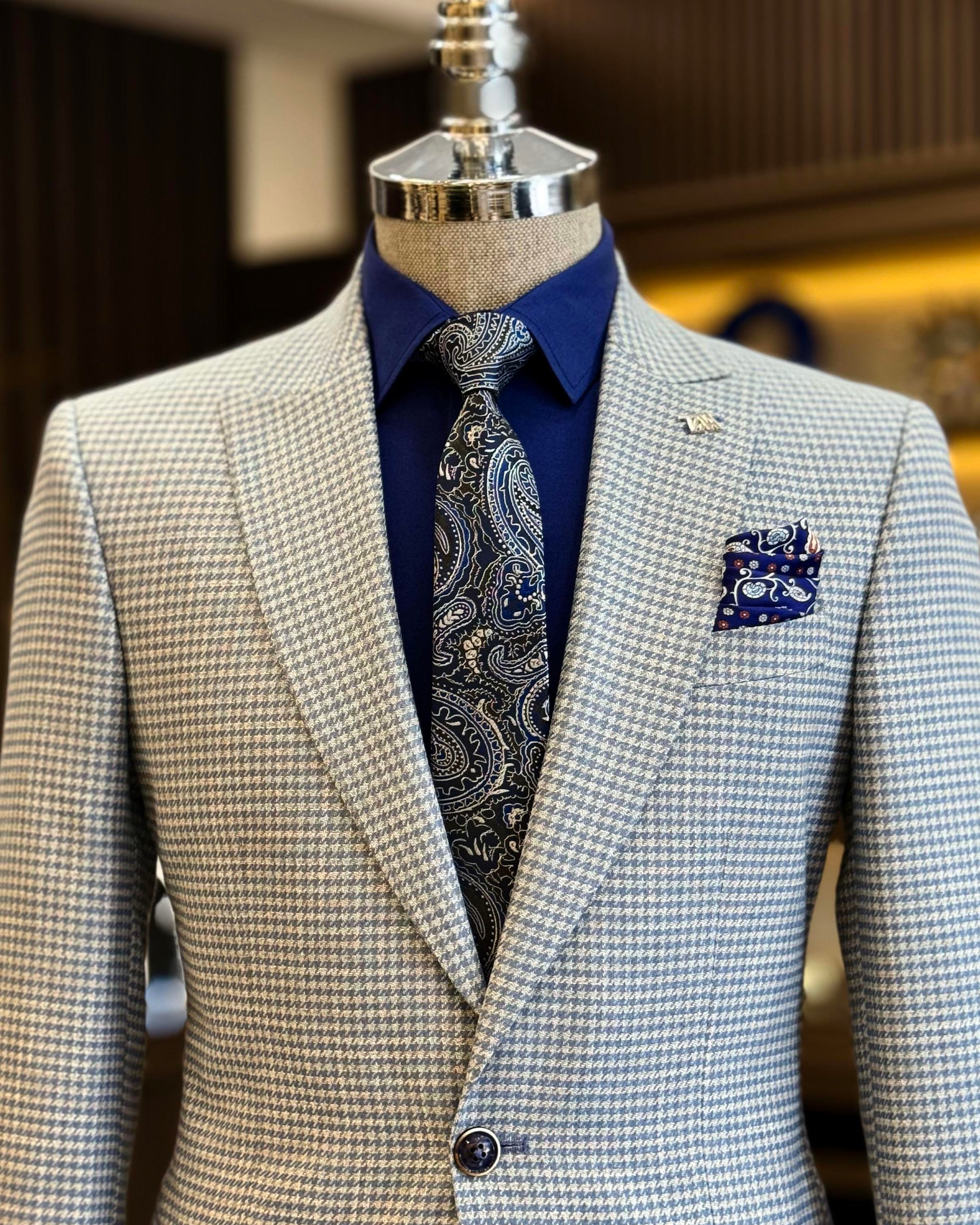 İtalyan stil slim fit kazayağı desen erkek ceket mavi  T12542