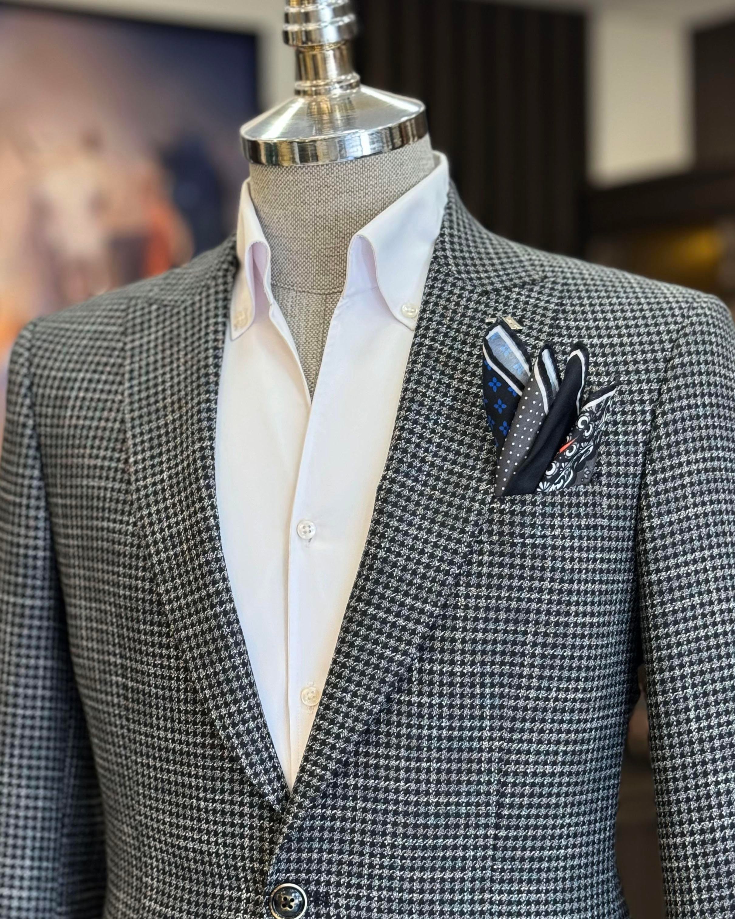 İtalyan stil slim fit kazayağı desen erkek ceket siyah T12540