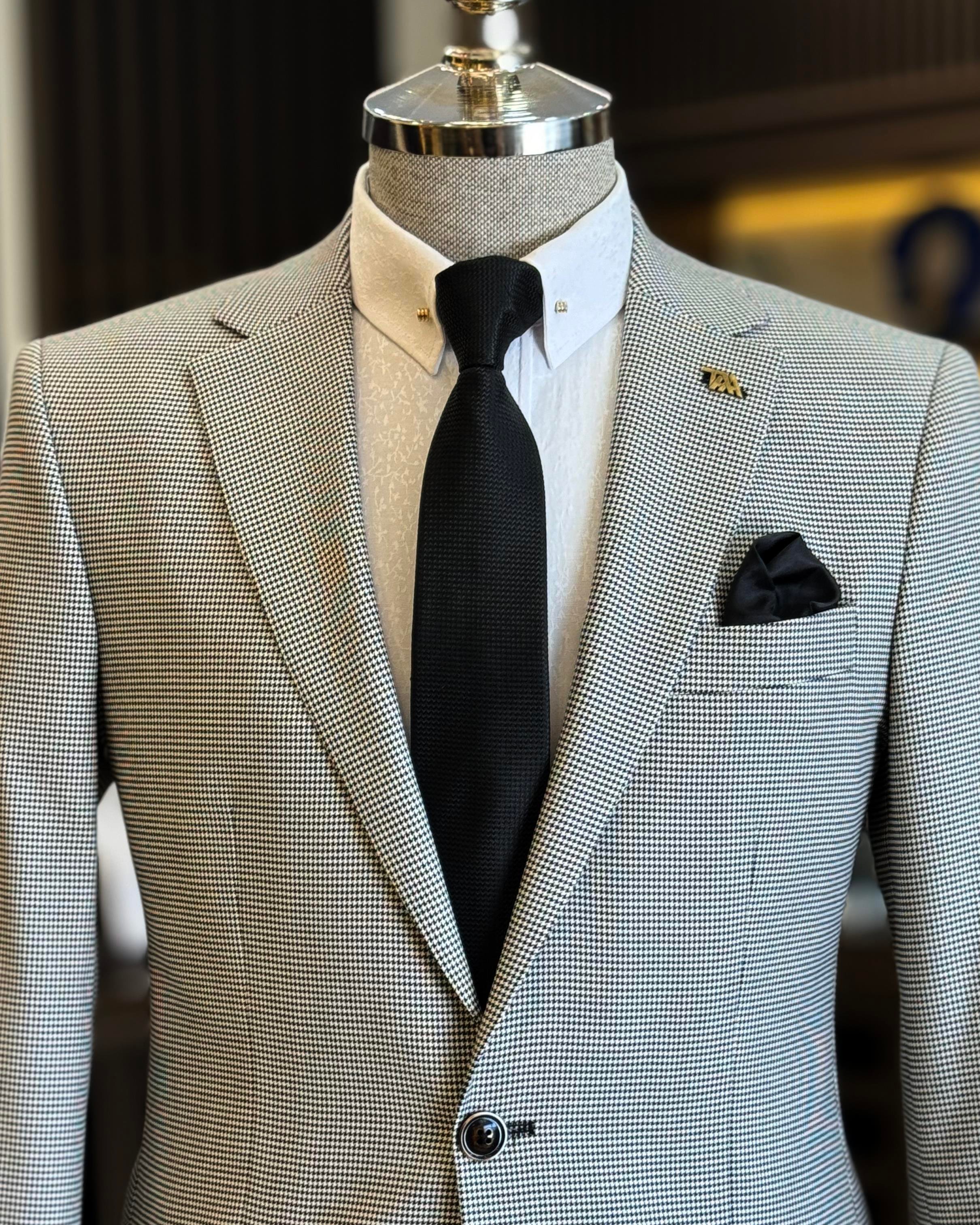 İtalyan stil slim fit kazayağı desen  erkek ceket siyah T12627