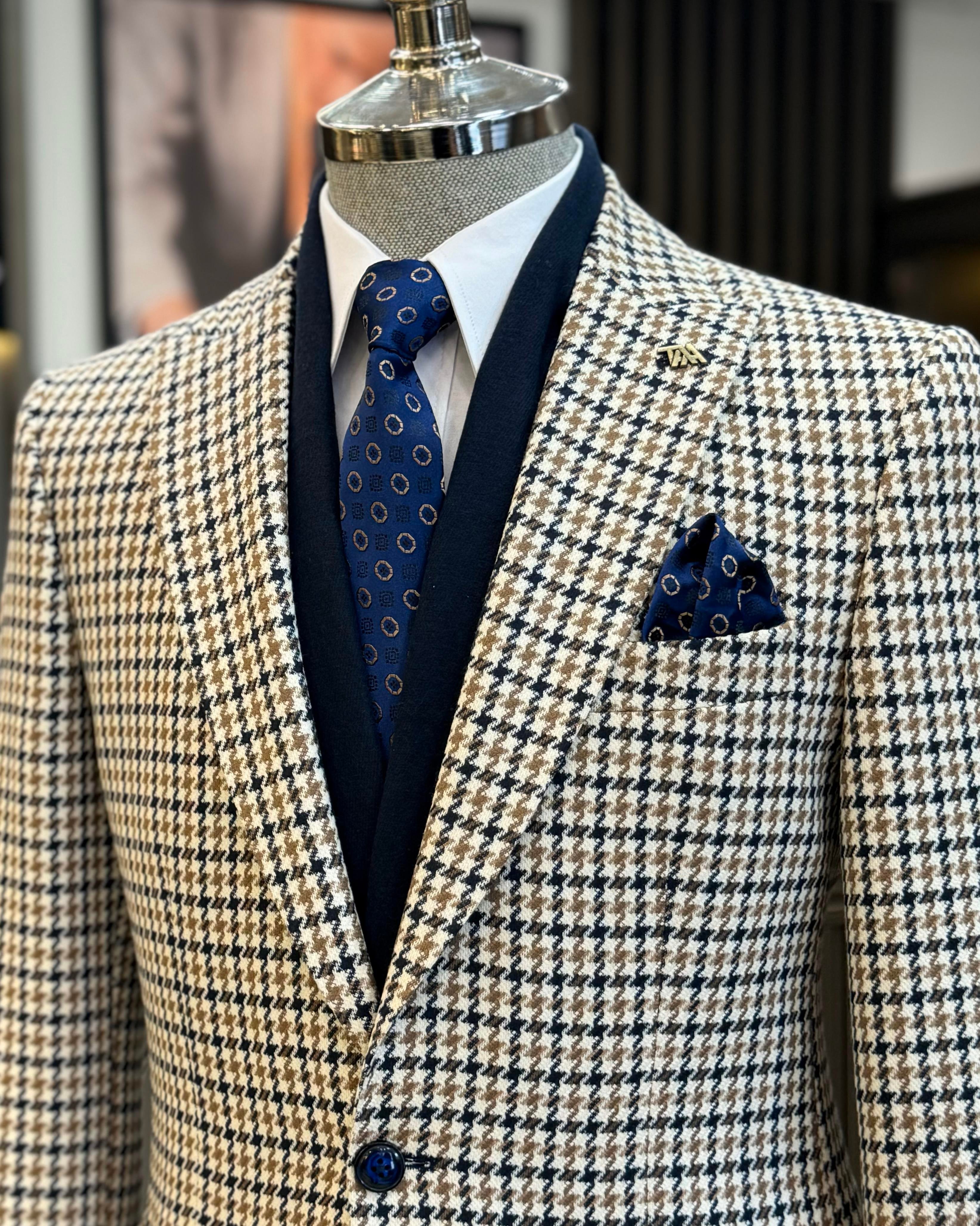 İtalyan stil slim fit kazayağı desen erkek ceket lacivert T13046