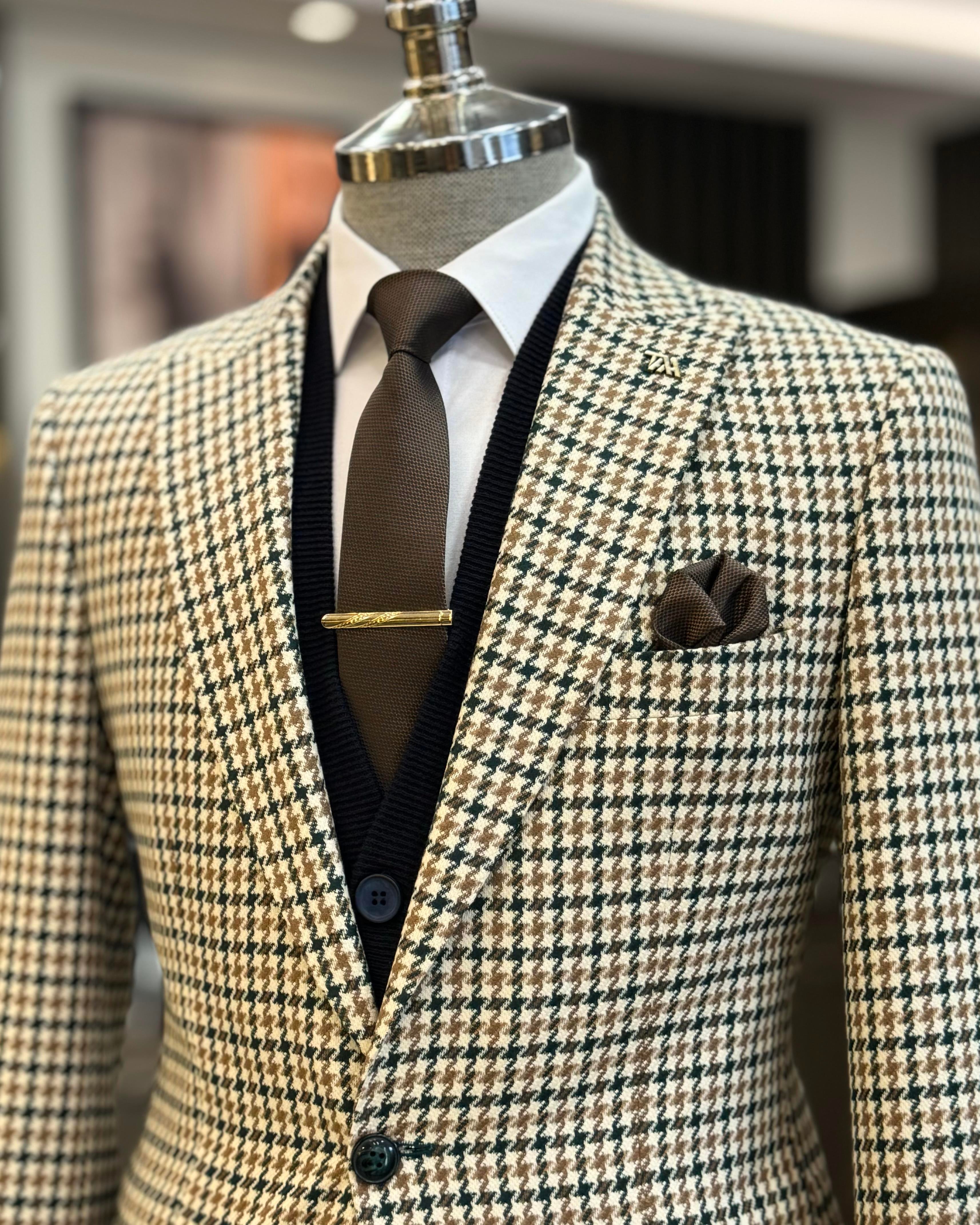 İtalyan stil slim fit kazayağı desen erkek ceket yeşil T13043
