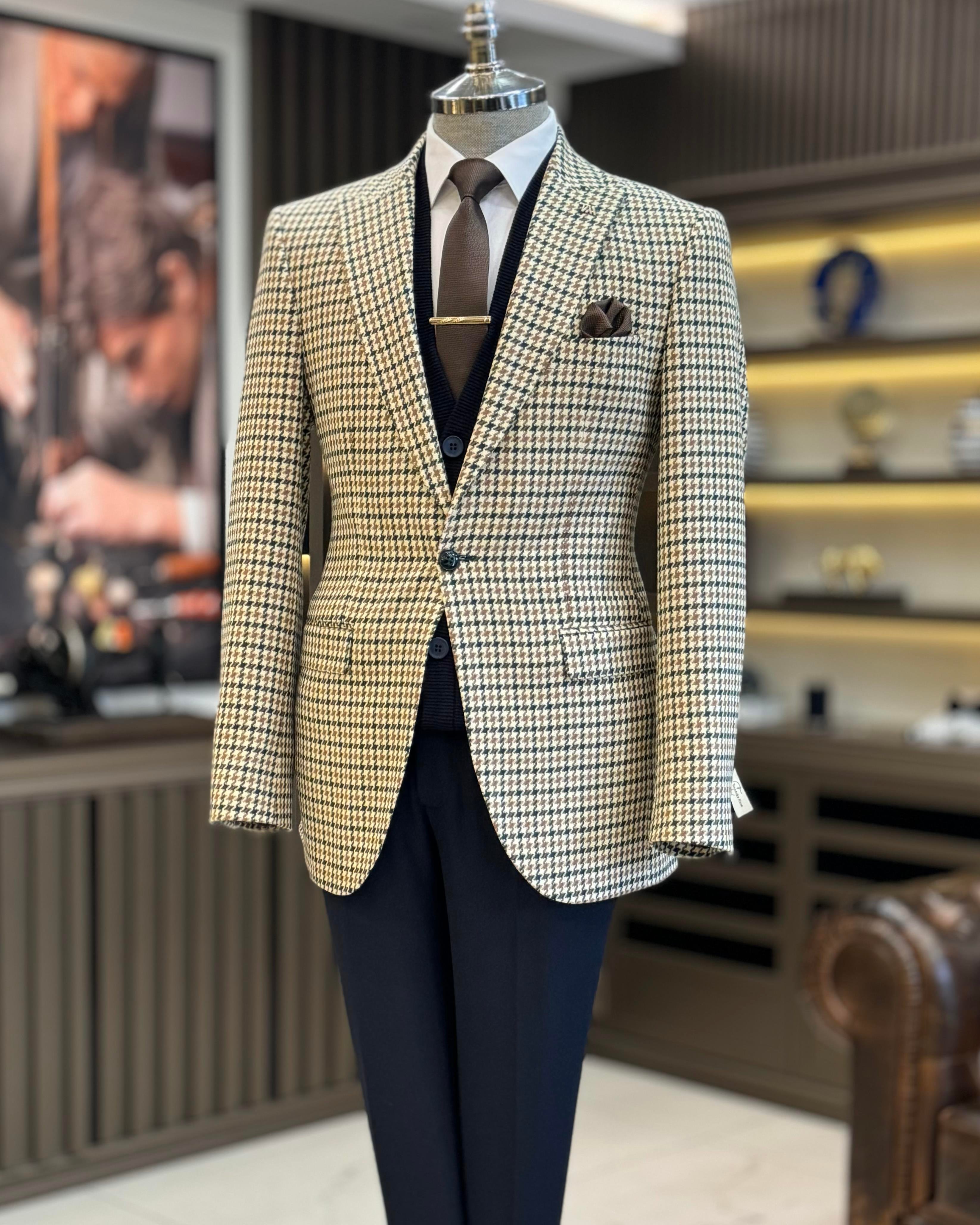 İtalyan stil slim fit kazayağı desen erkek ceket yeşil T13043