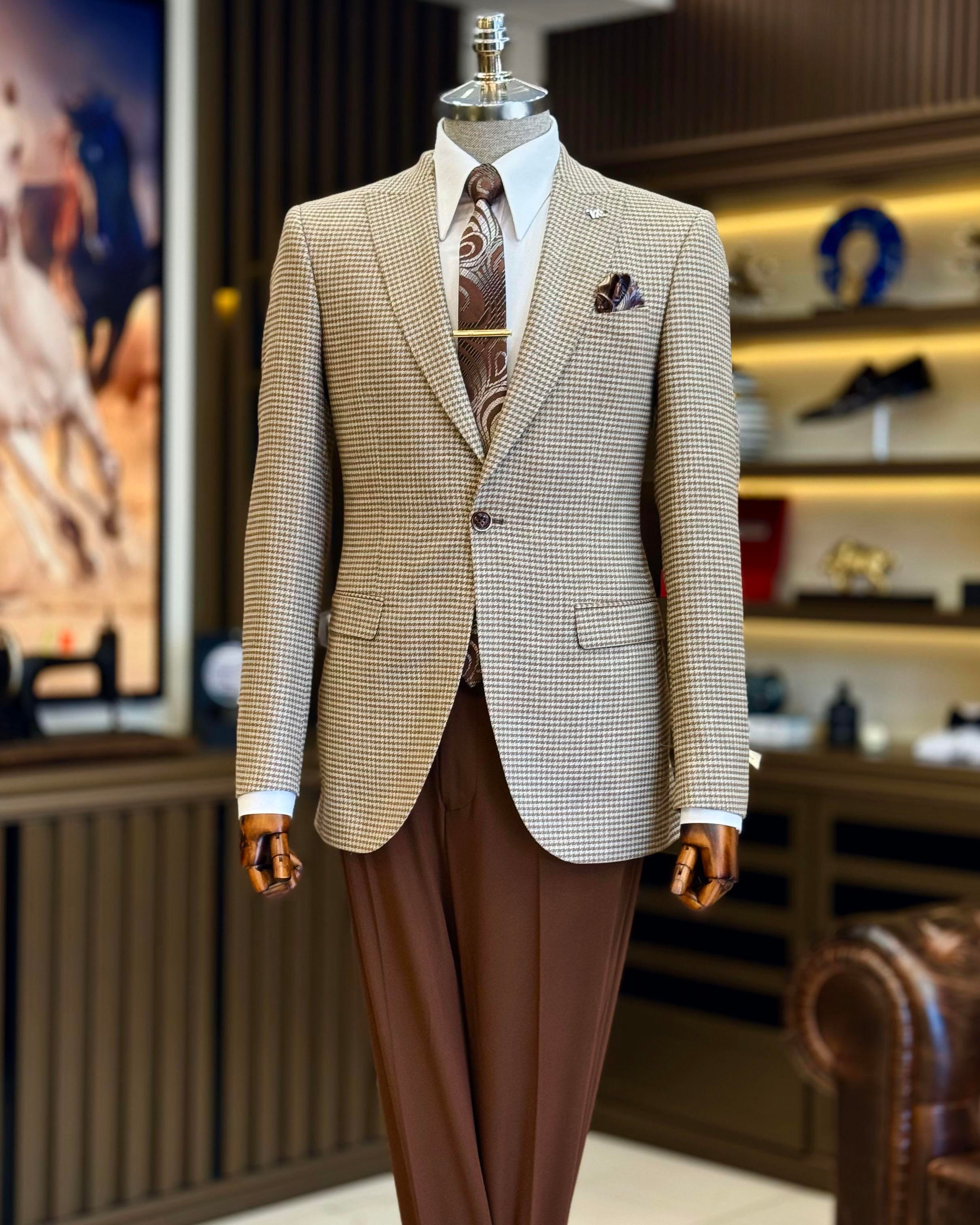 İtalyan stil slim fit kazayağı desen erkek ceket kahverengi T12545