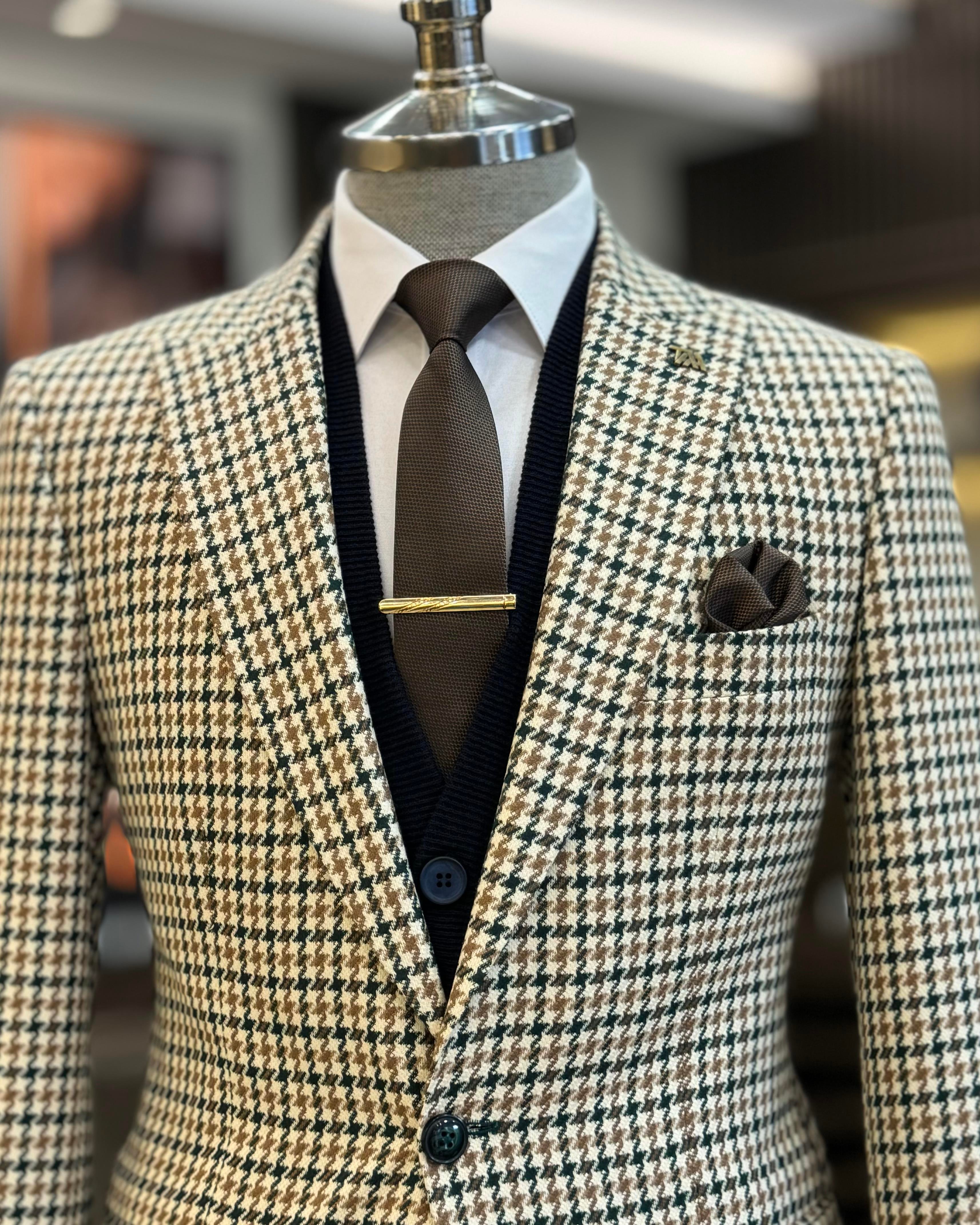 İtalyan stil slim fit kazayağı desen erkek ceket yeşil T13043