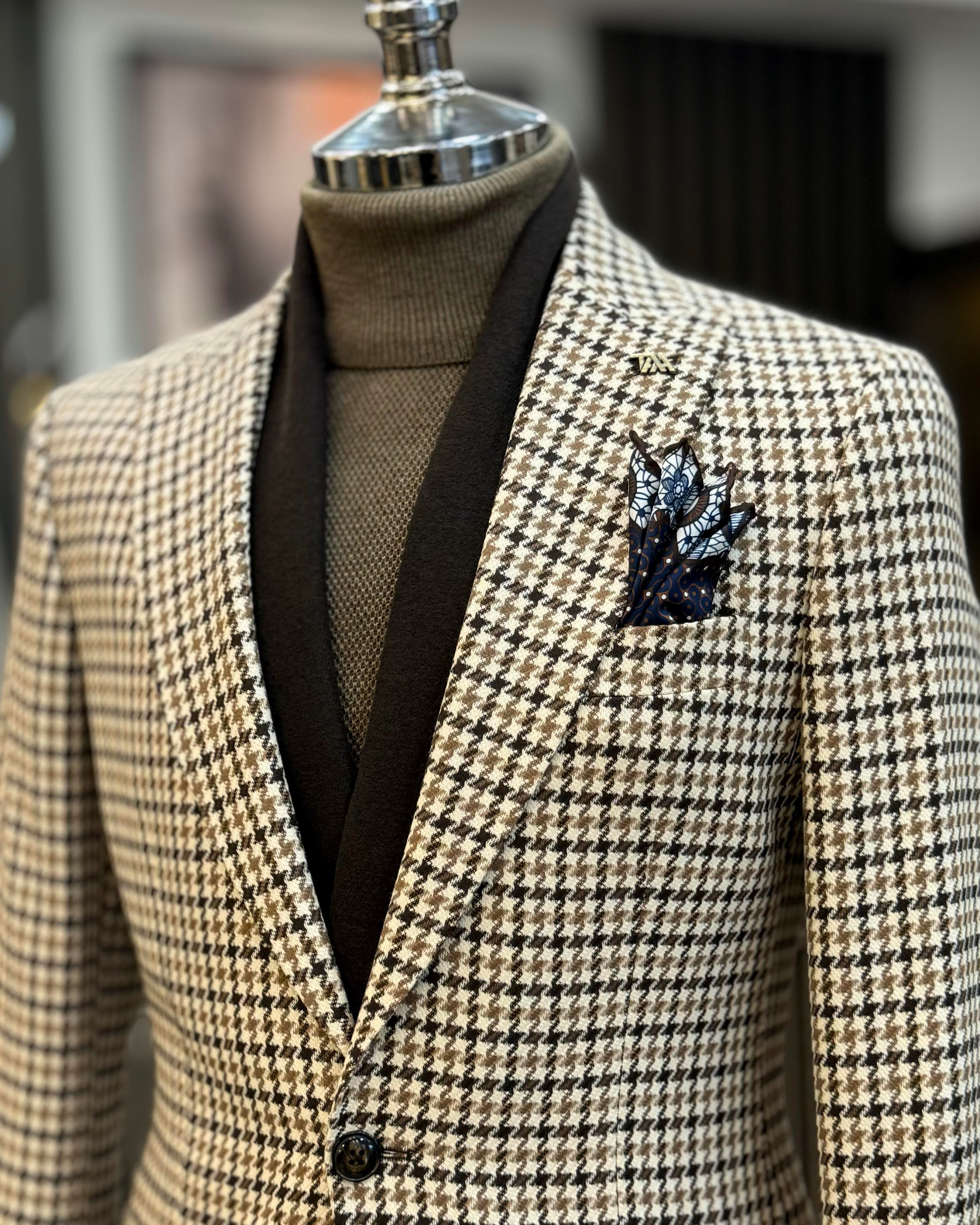 İtalyan stil slim fit kazayağı desen erkek ceket kahverengi T13045