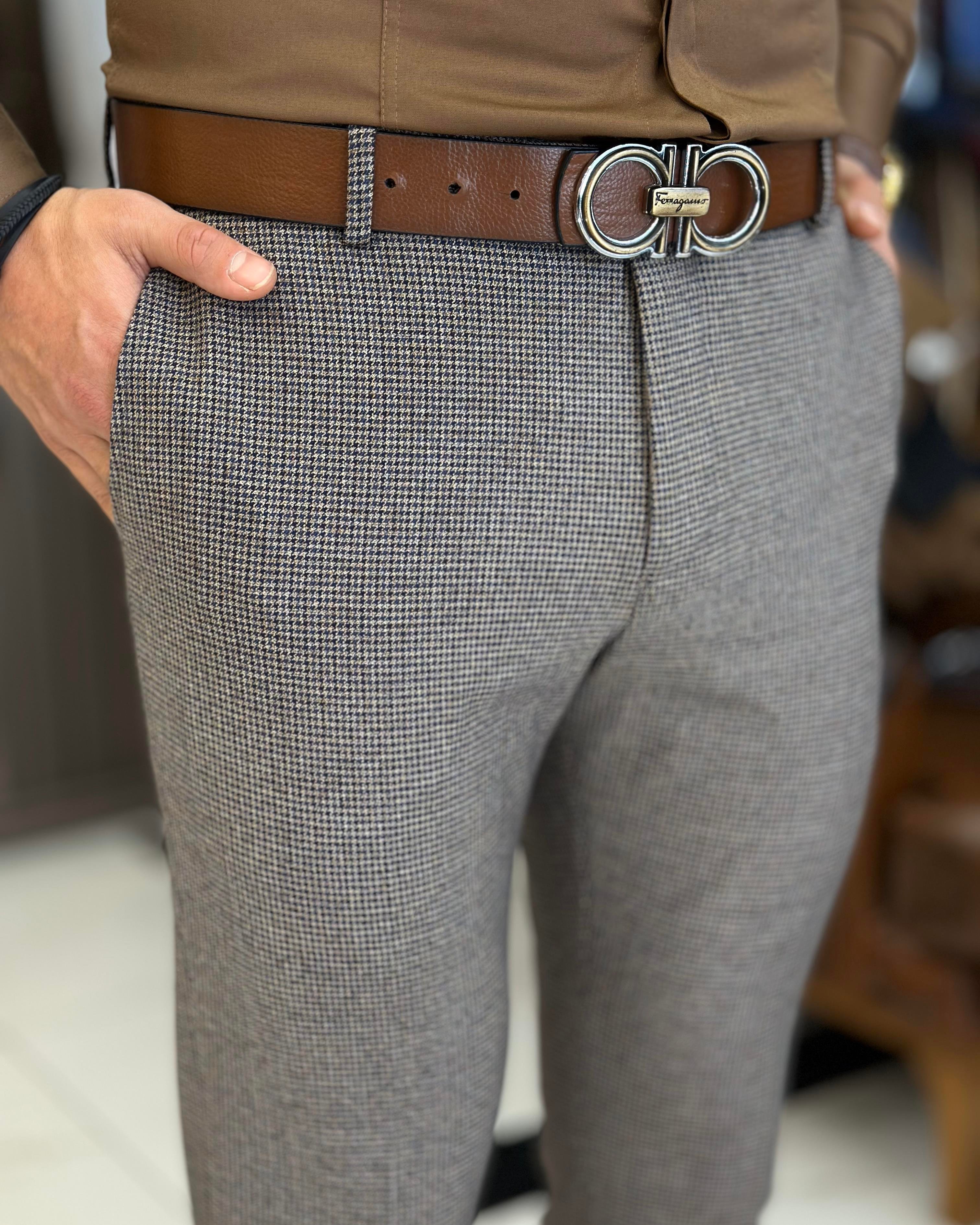 Italian style slim fit houndstooth pattern men's trousers brown T10172