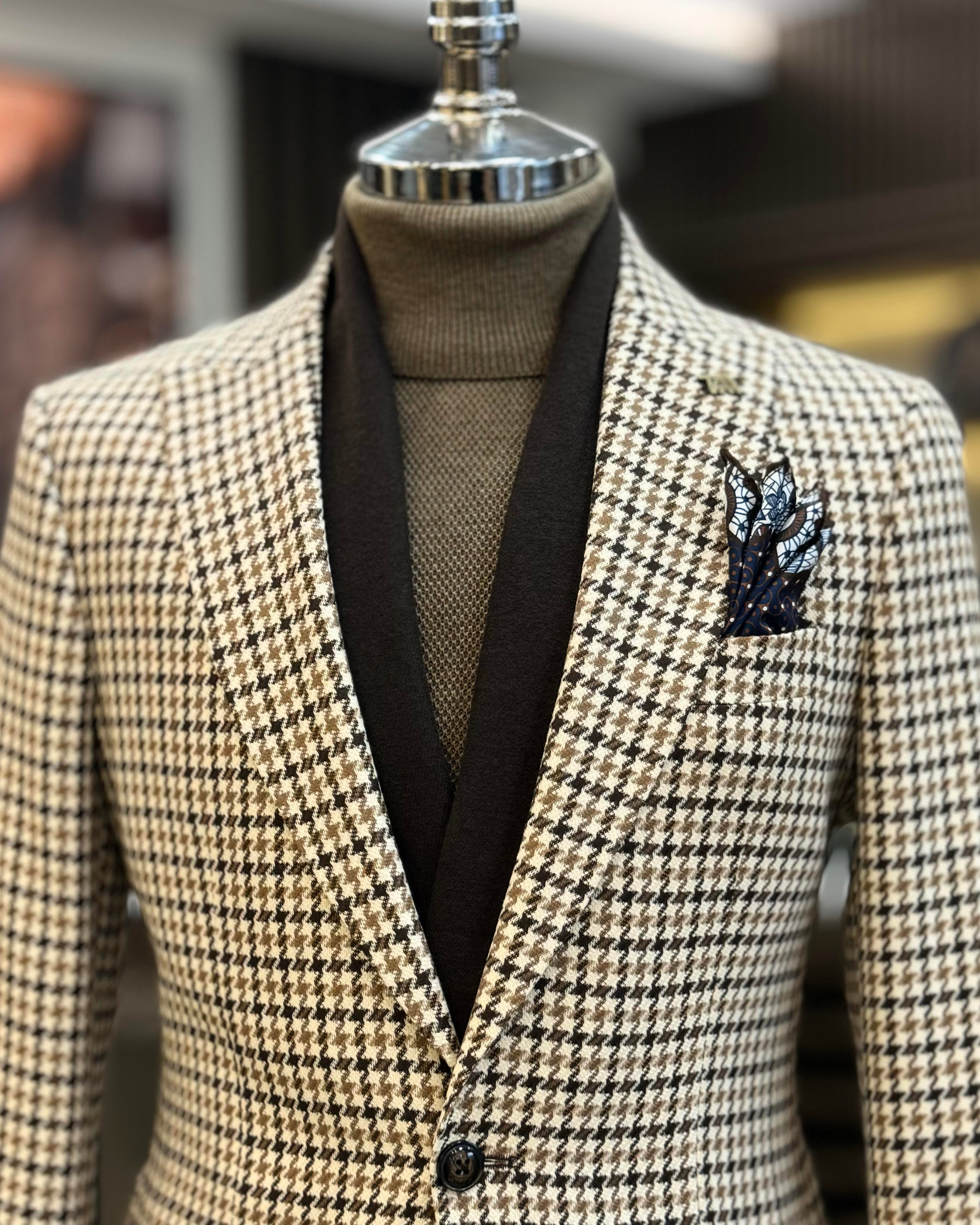 İtalyan stil slim fit kazayağı desen erkek ceket kahverengi T13045