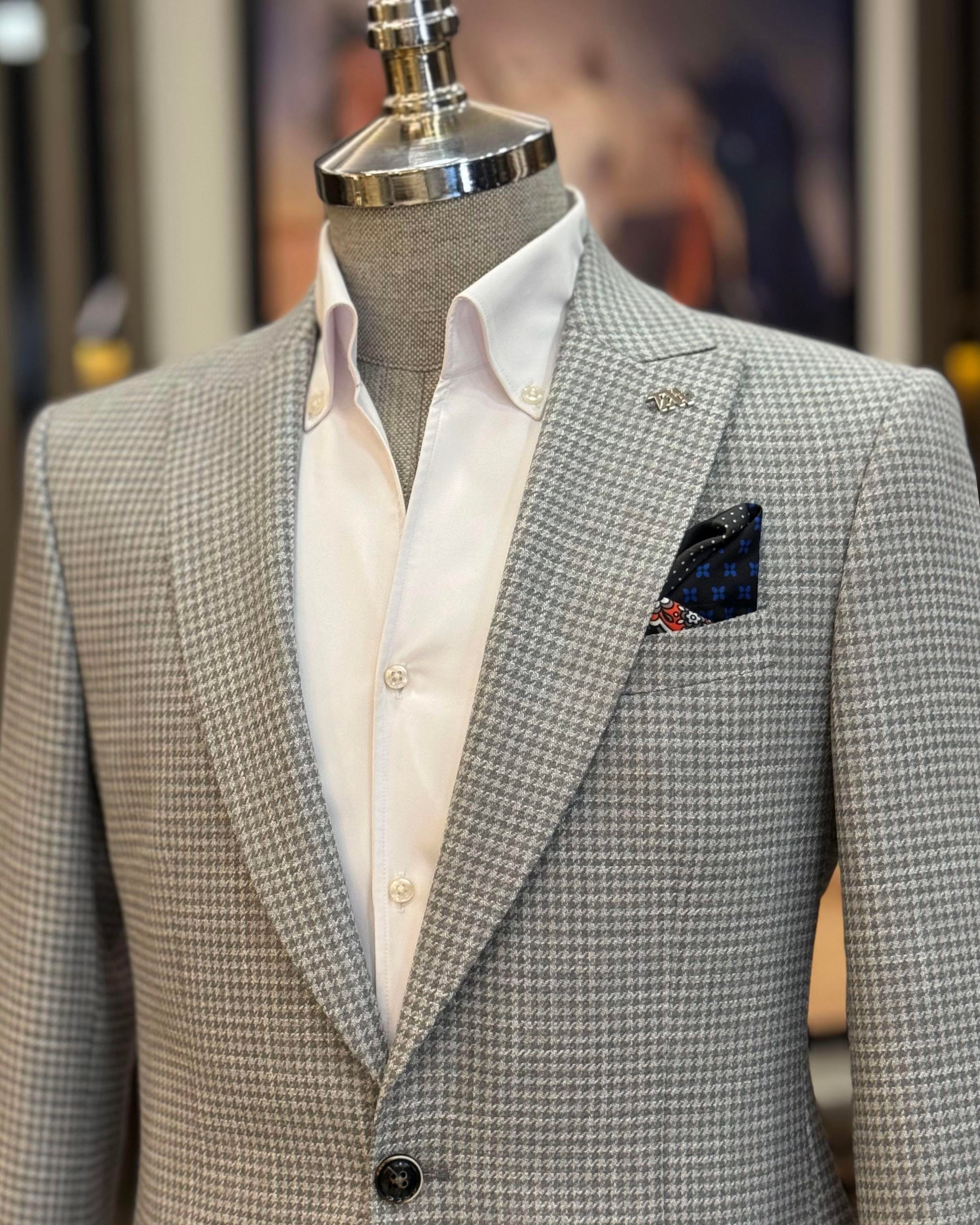 İtalyan stil slim fit kazayağı desen erkek ceket gri  T12543