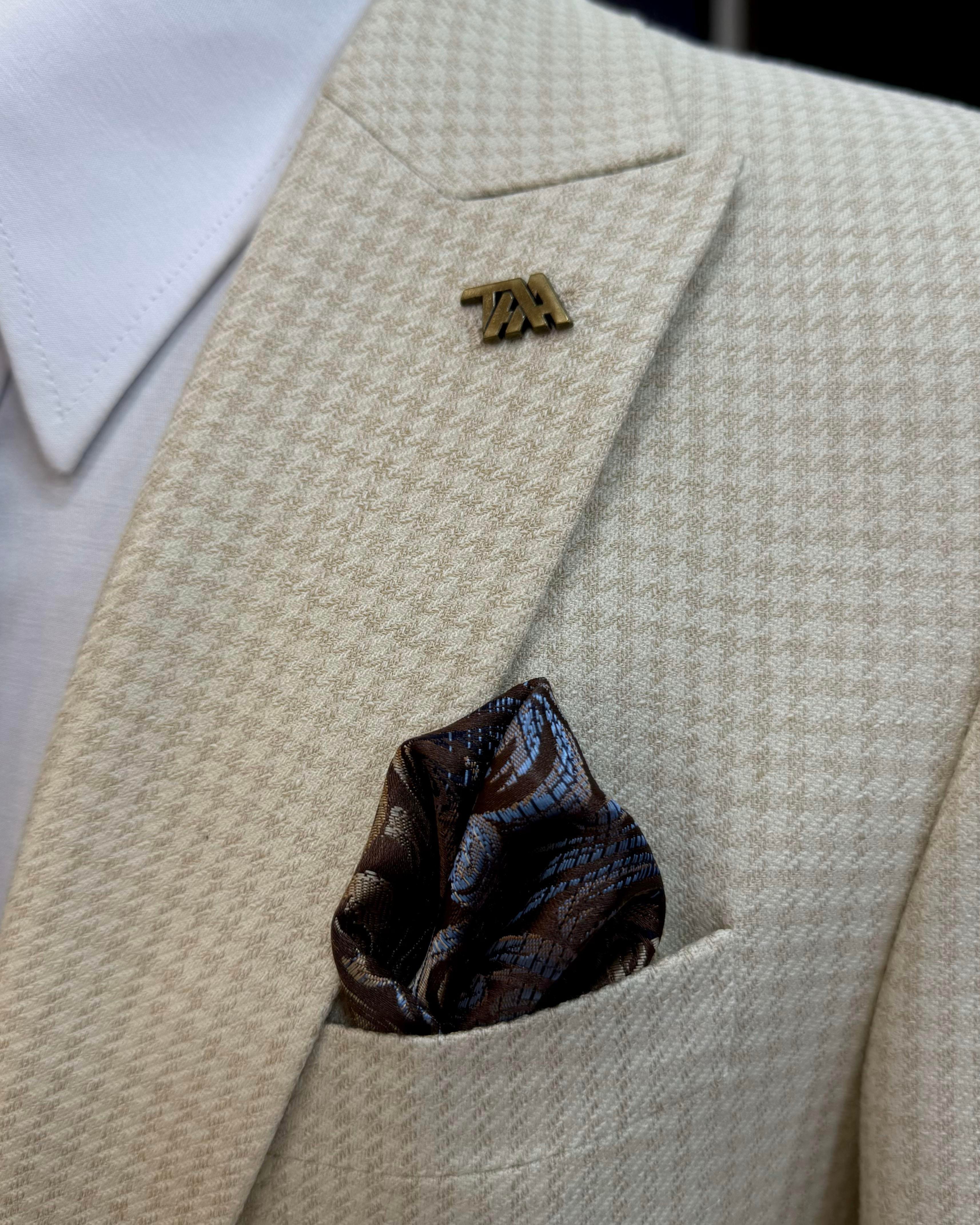 İtalyan stil slim fit kazayağı desen erkek ceket bej T12538