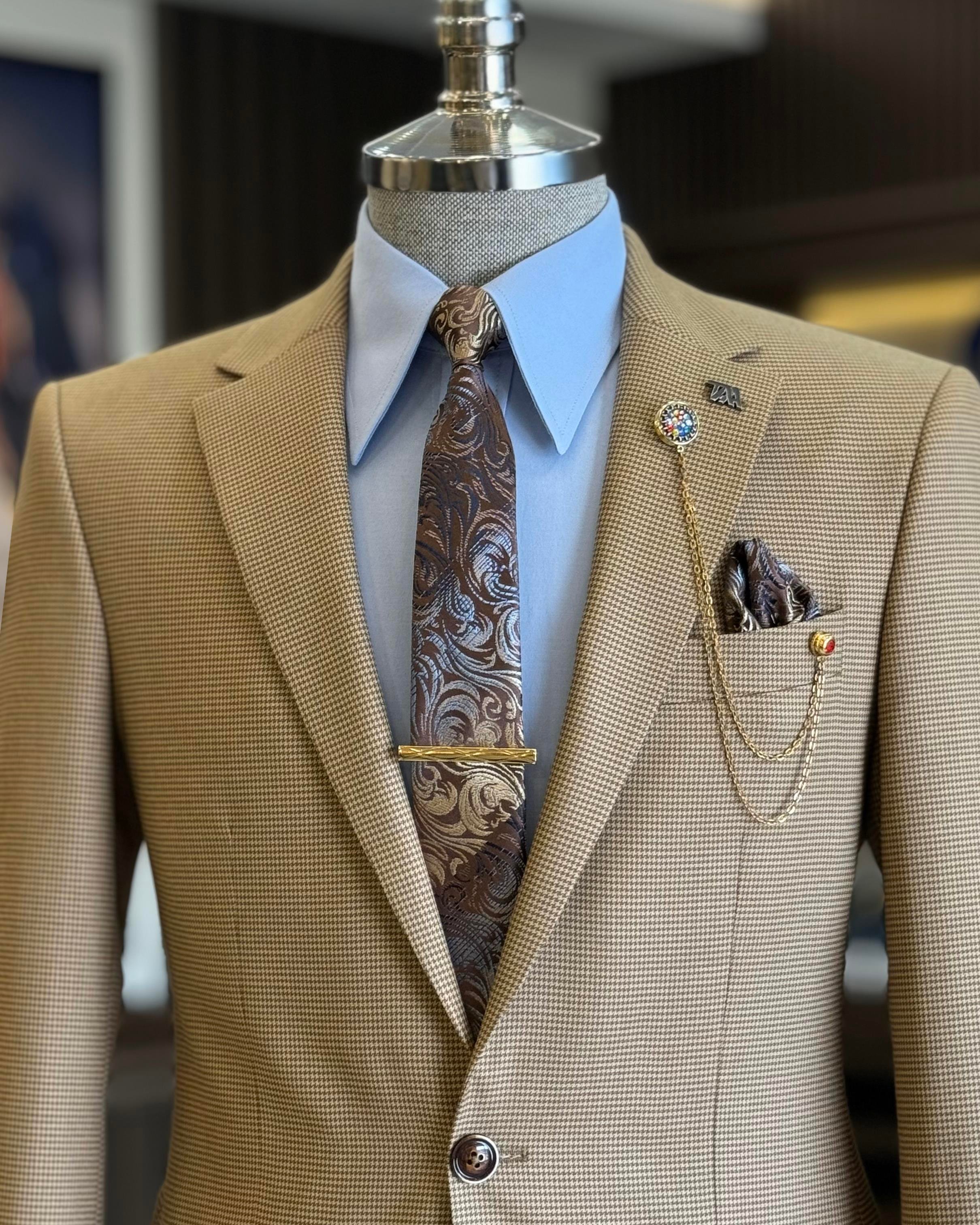 İtalyan stil slim fit kazayağı desen erkek ceket kahverengi T12626