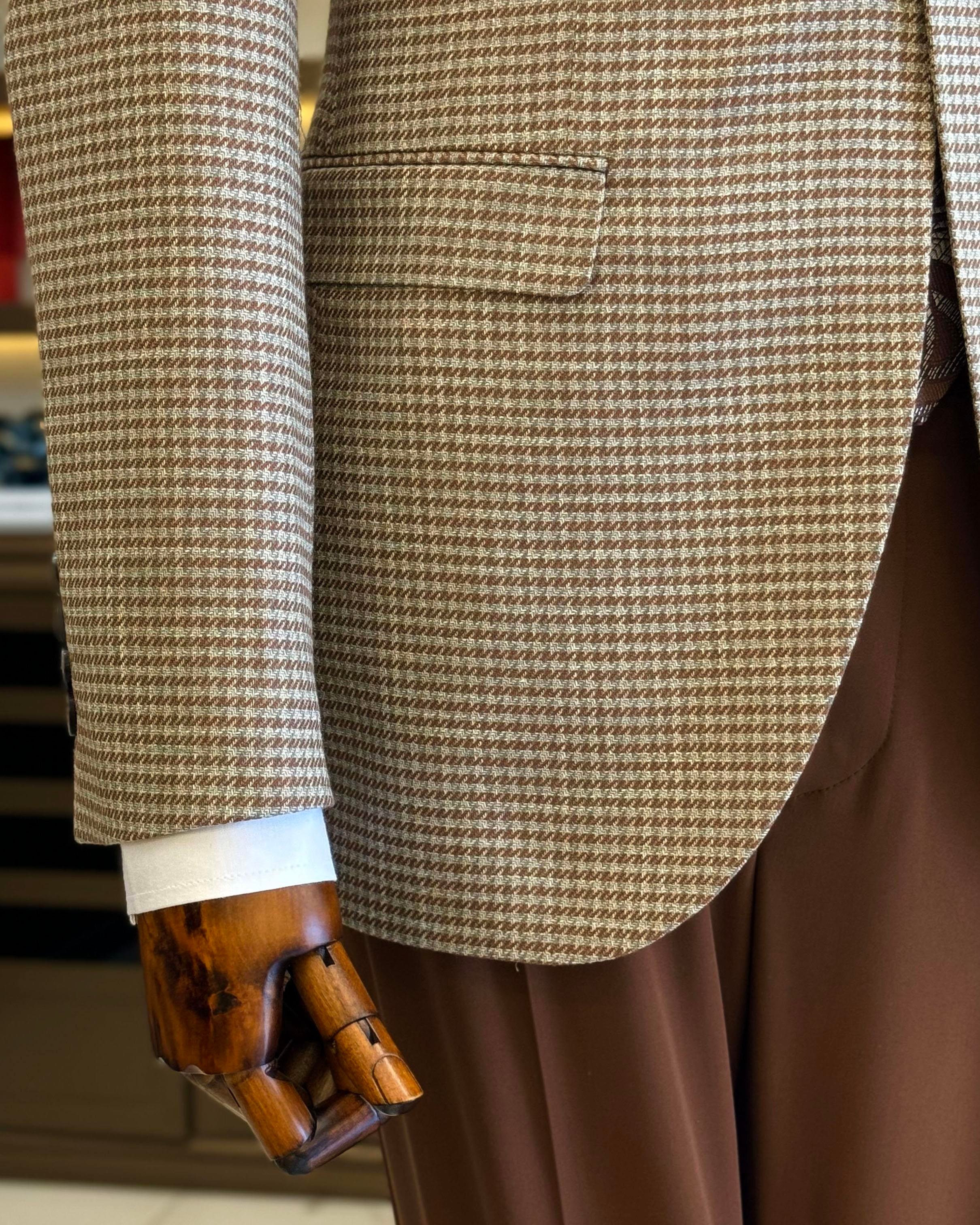 İtalyan stil slim fit kazayağı desen erkek ceket kahverengi T12545