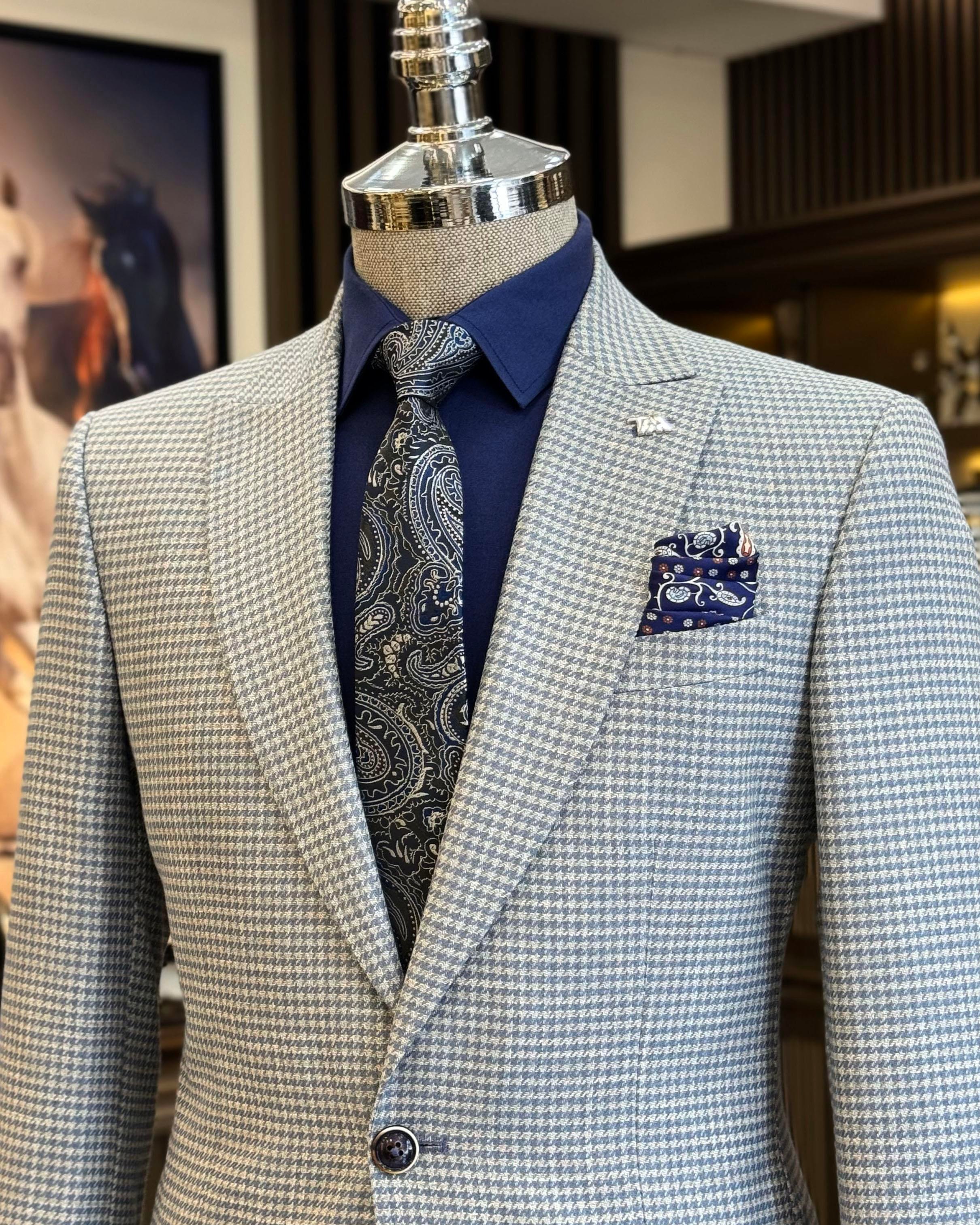 İtalyan stil slim fit kazayağı desen erkek ceket mavi  T12542