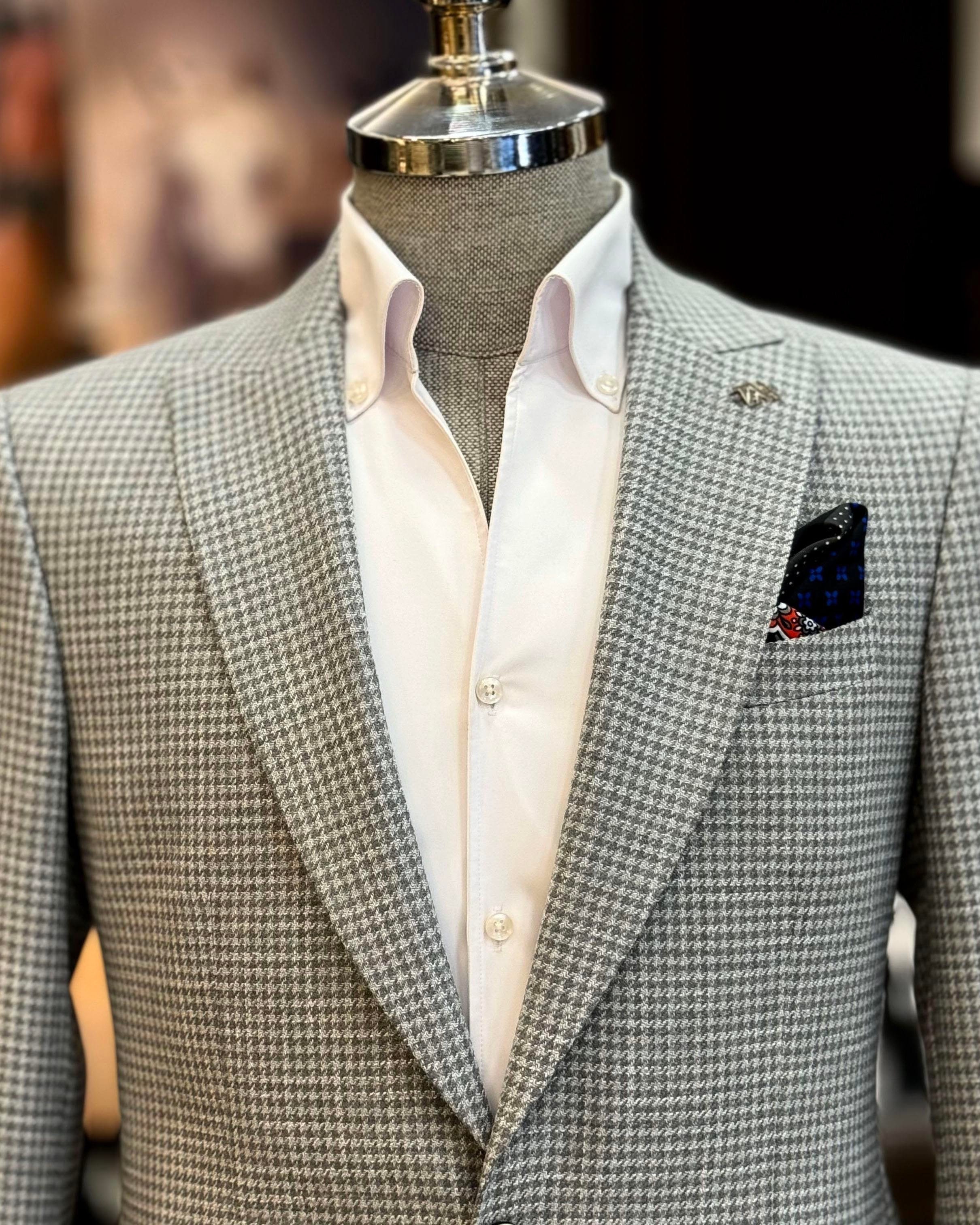 İtalyan stil slim fit kazayağı desen erkek ceket gri  T12543