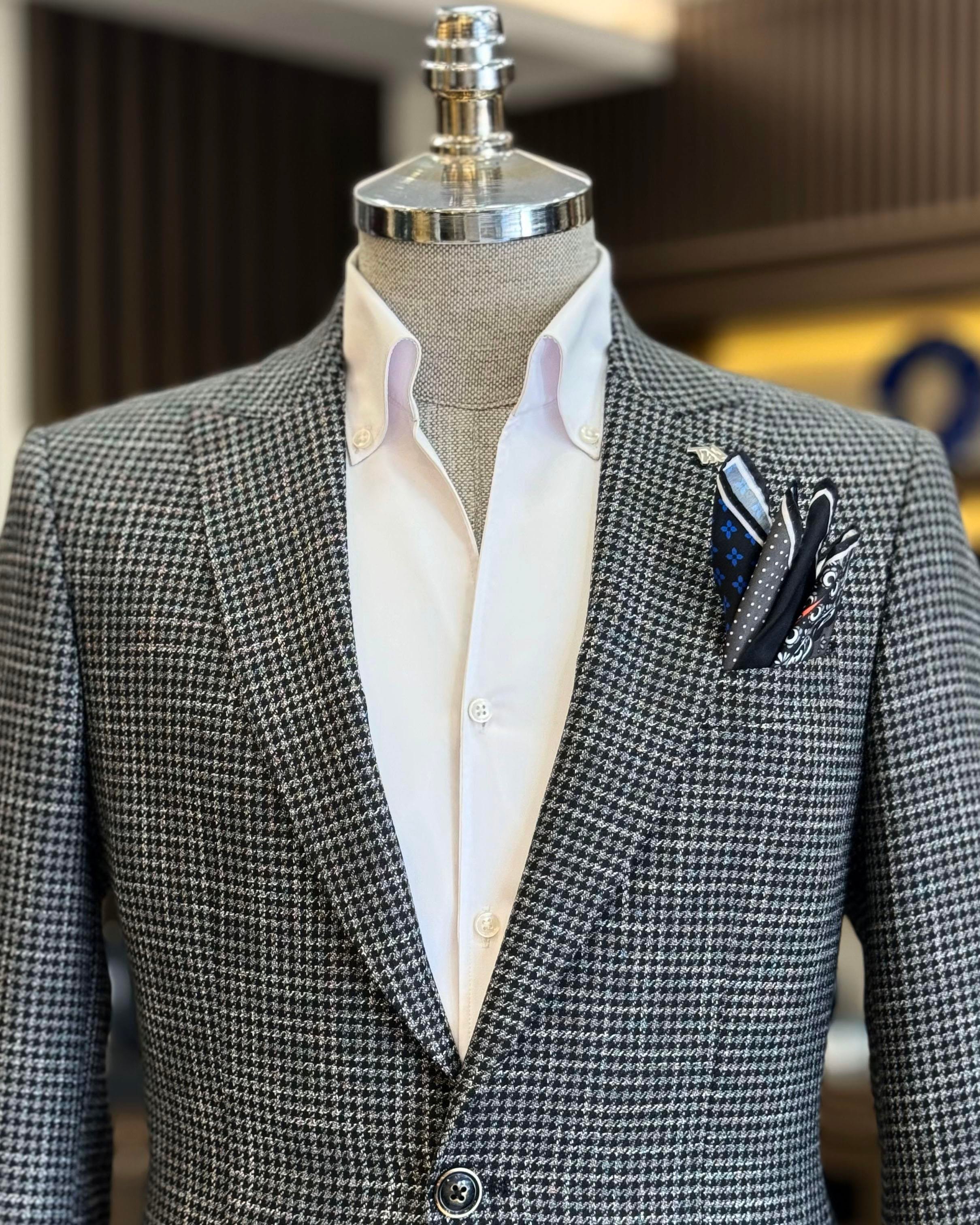 İtalyan stil slim fit kazayağı desen erkek ceket siyah T12540