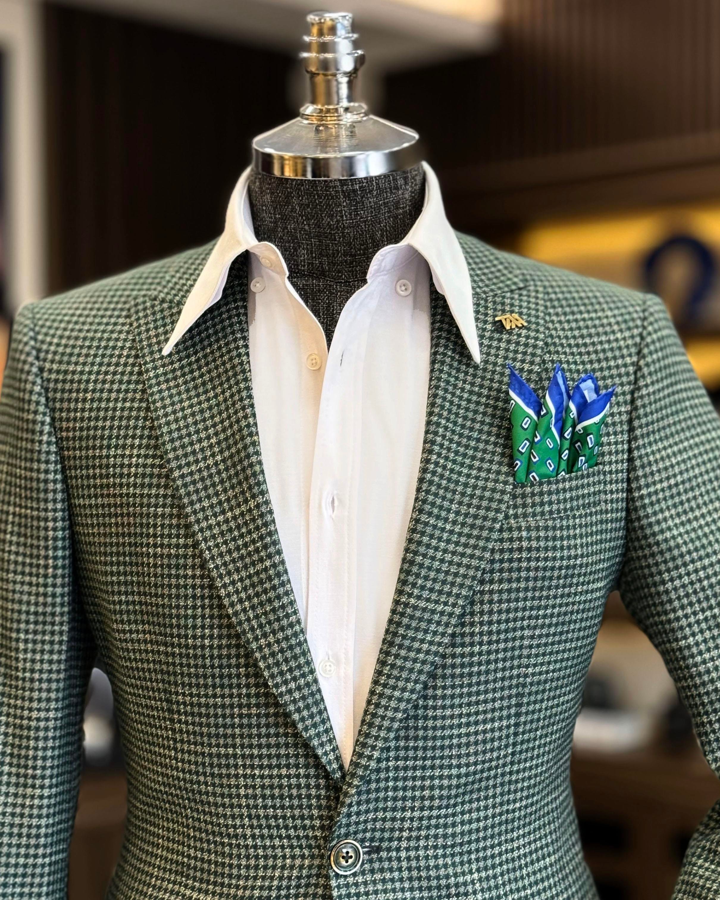 İtalyan stil slim fit kazayağı desen erkek ceket yeşil T12539