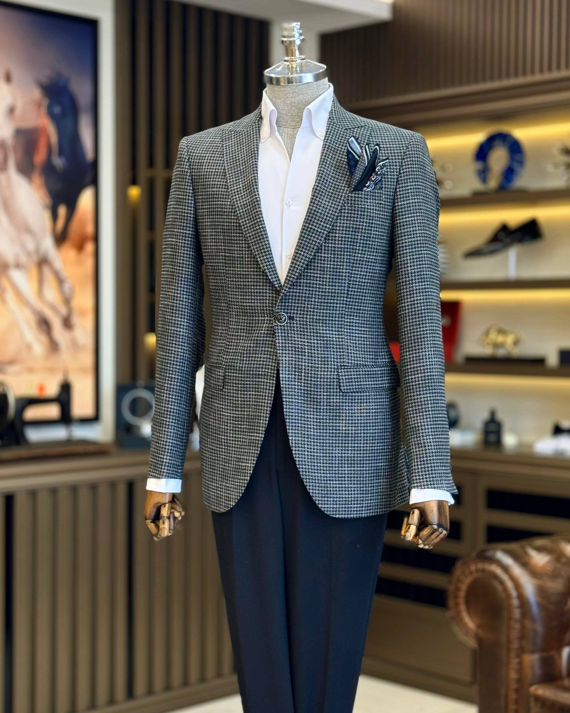 İtalyan stil slim fit kazayağı desen erkek ceket siyah T12540
