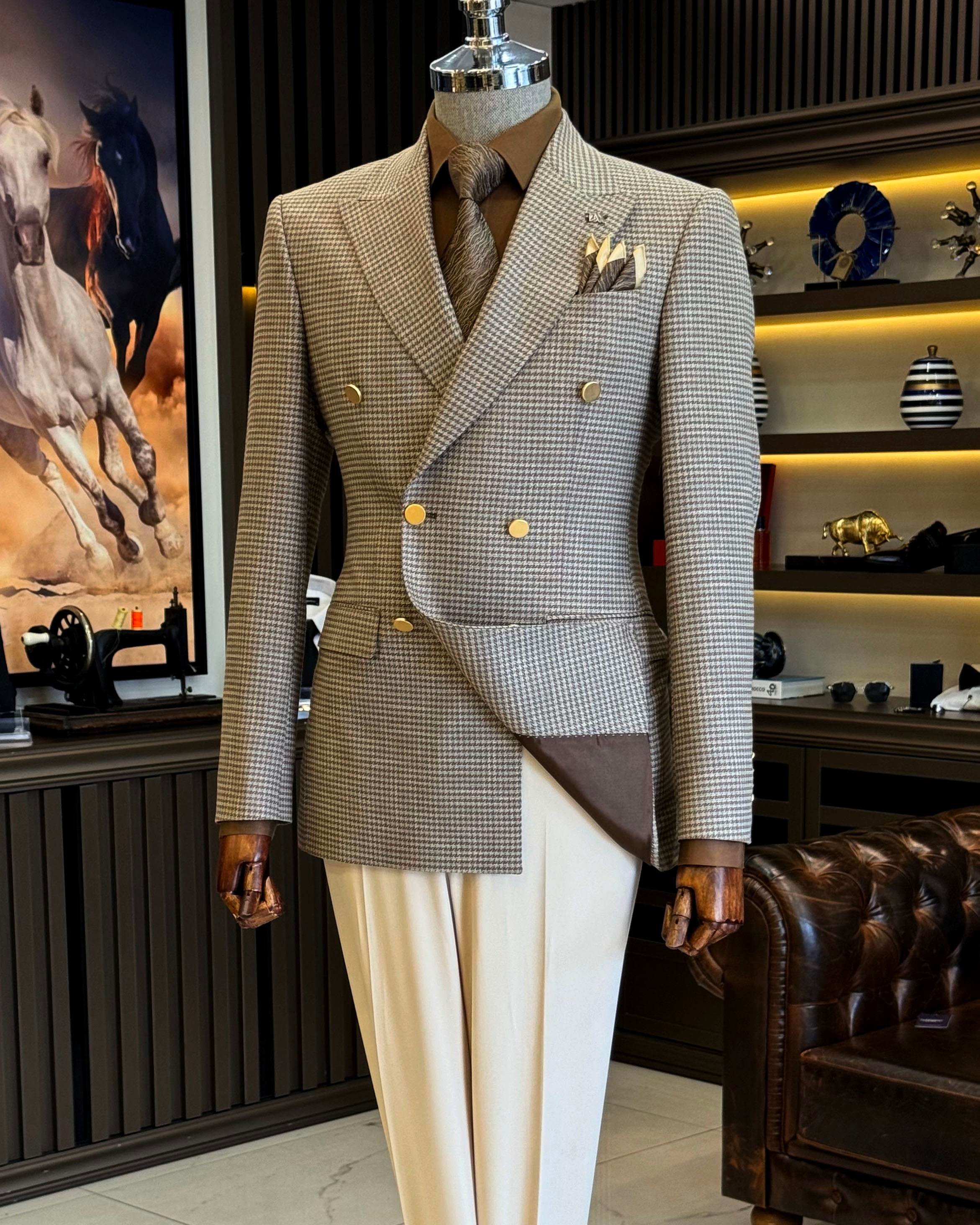 İtalyan stil slim fit kazayağı desen kruvaze erkek ceket kahverengi T12558
