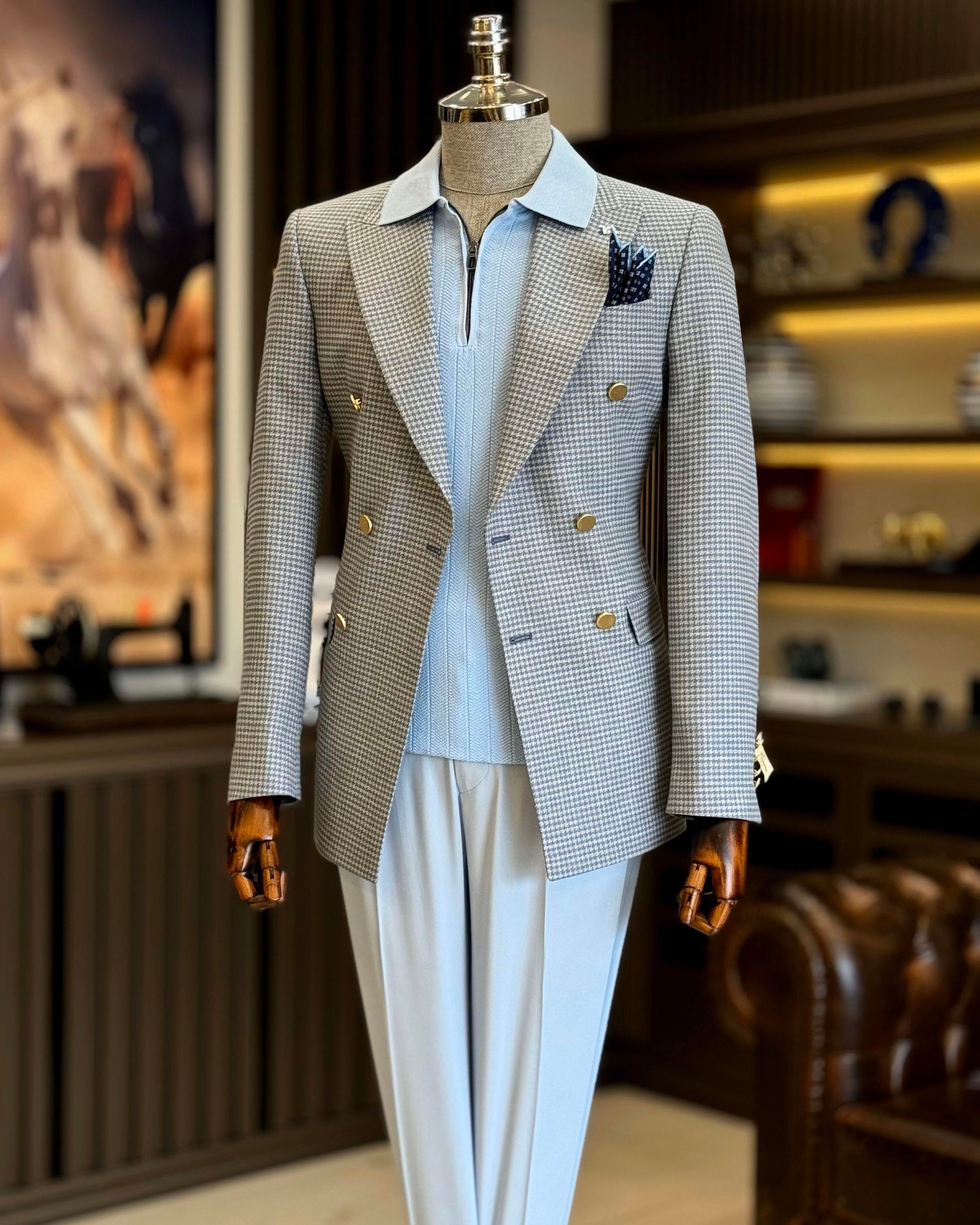İtalyan stil slim fit kazayağı desen kruvaze erkek ceket mavi T12555