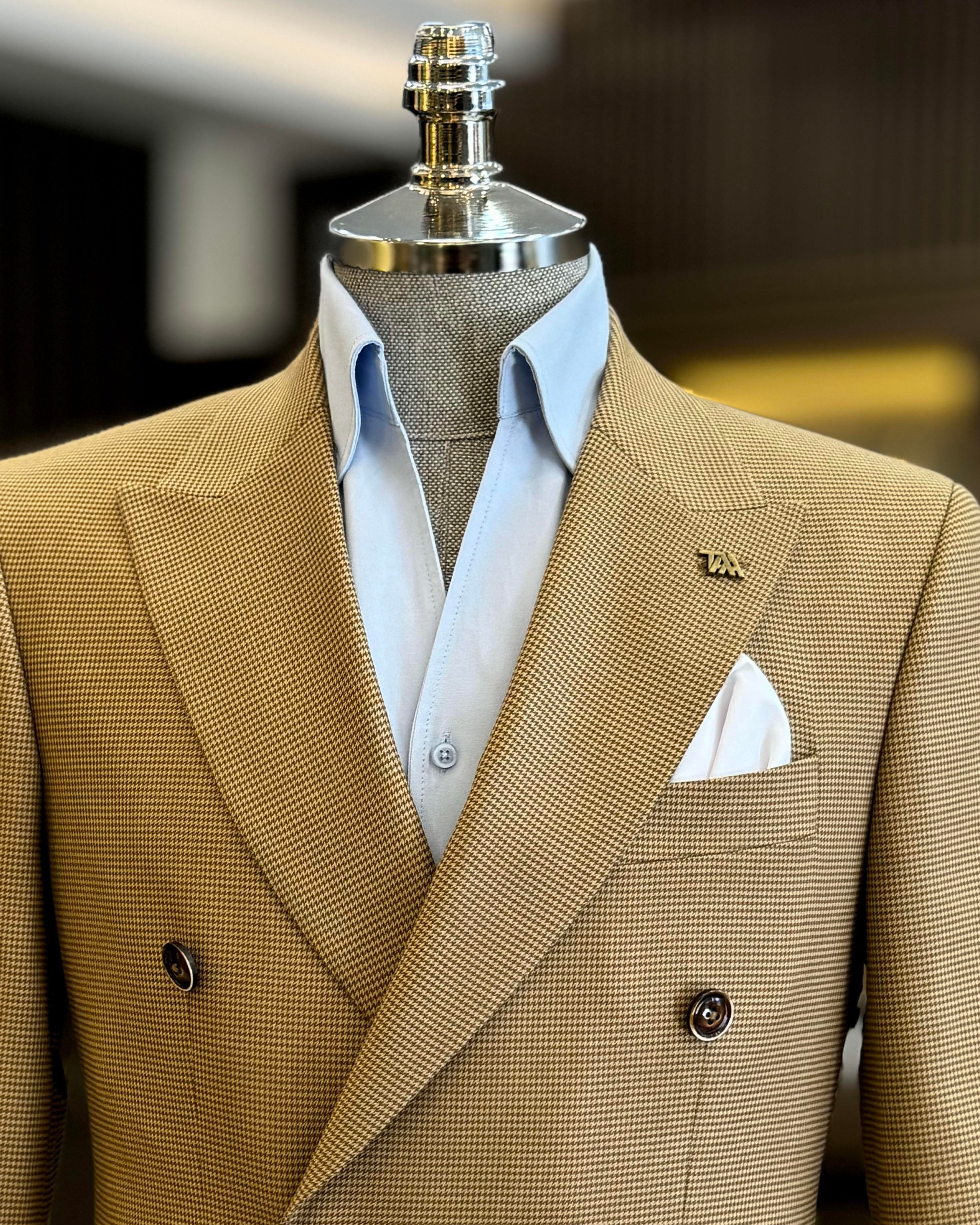 İtalyan stil slim fit kazayağı desen kruvaze erkek ceket kahverengi T12625