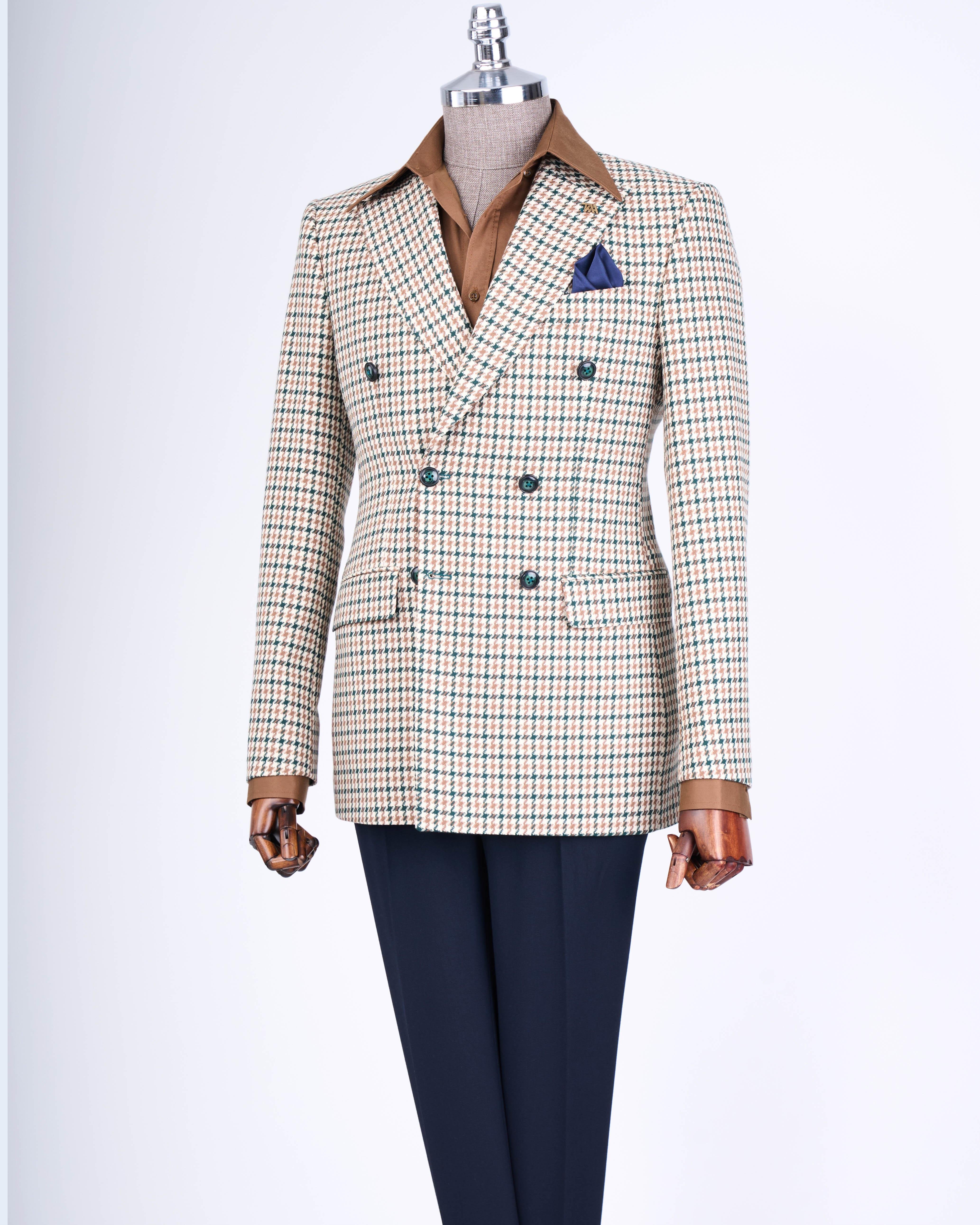 İtalyan stil slim fit kazayağı desen kruvaze erkek ceket yeşil T13049