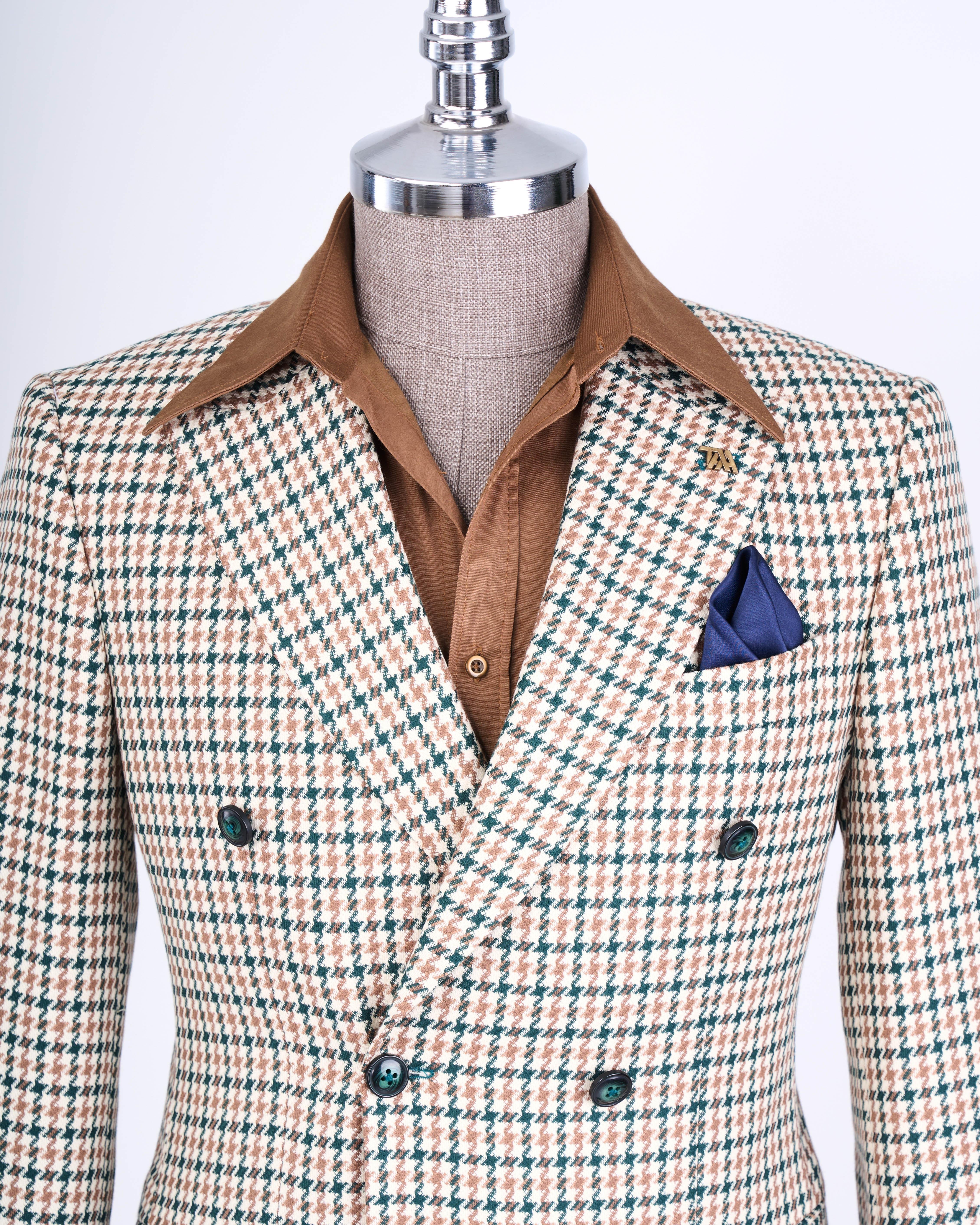 İtalyan stil slim fit kazayağı desen kruvaze erkek ceket yeşil T13049