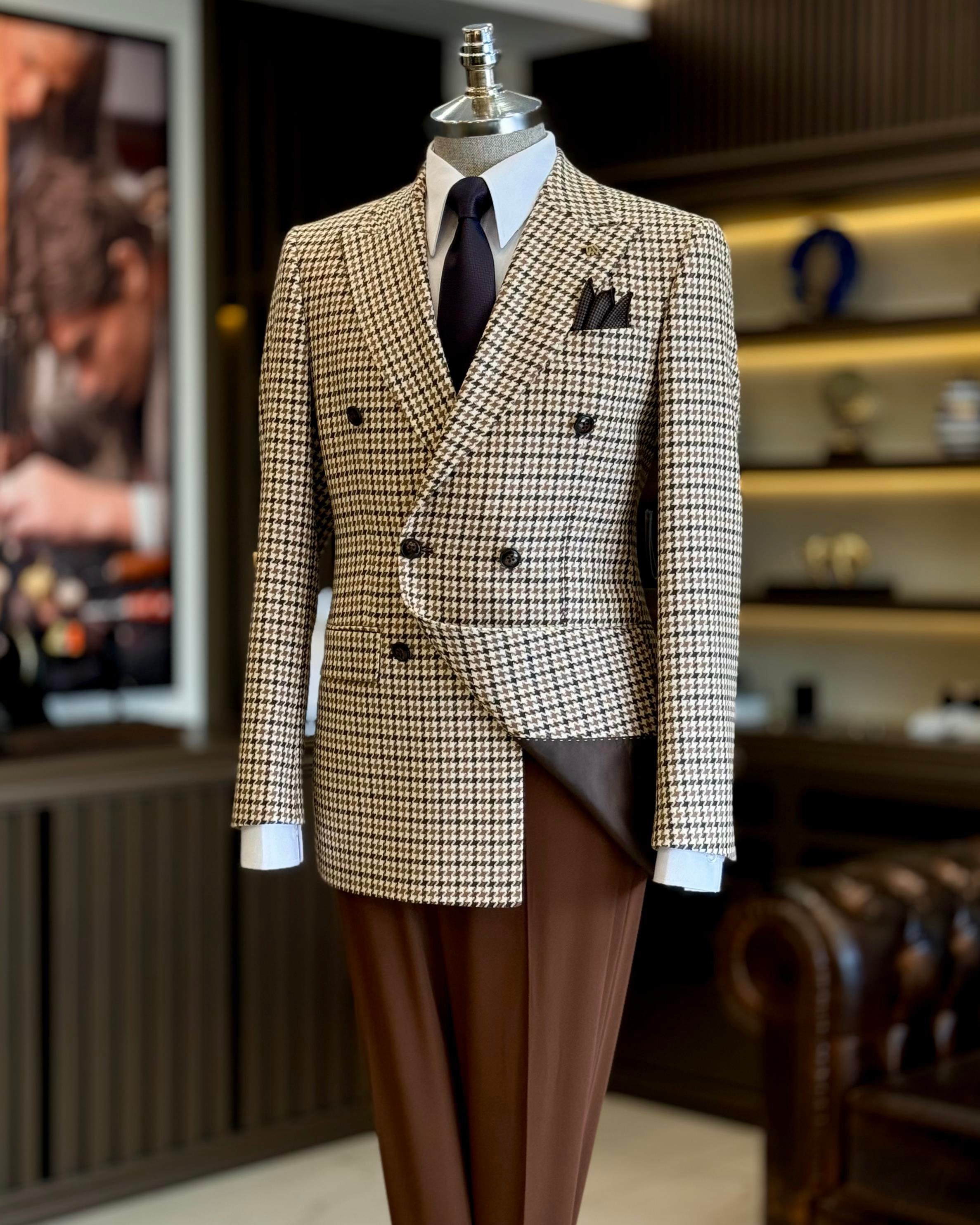 İtalyan stil slim fit kazayağı desen kruvaze erkek ceket kahverengi T13050