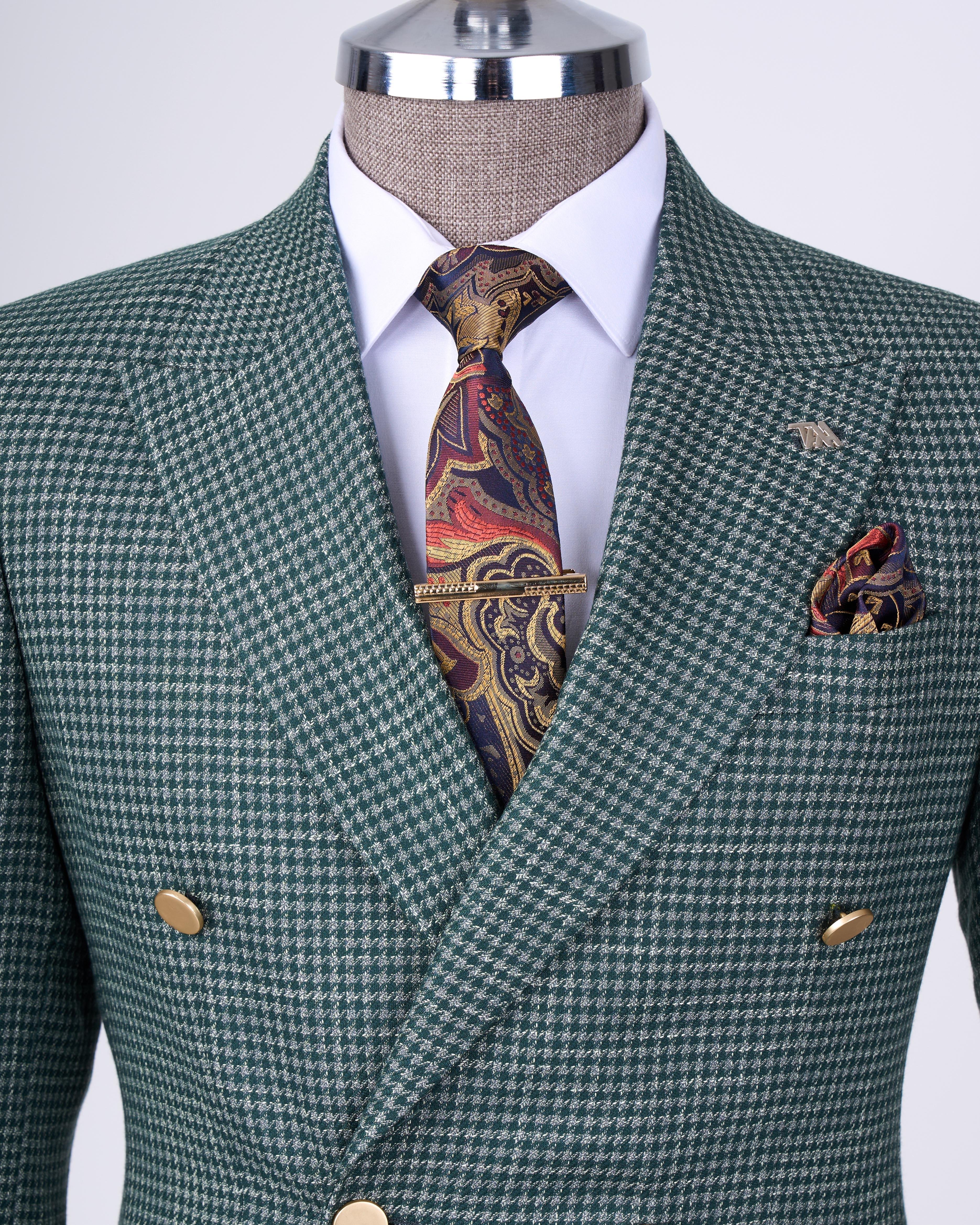 Italian style slim fit houndstooth pattern double breasted men's jacket green T12552