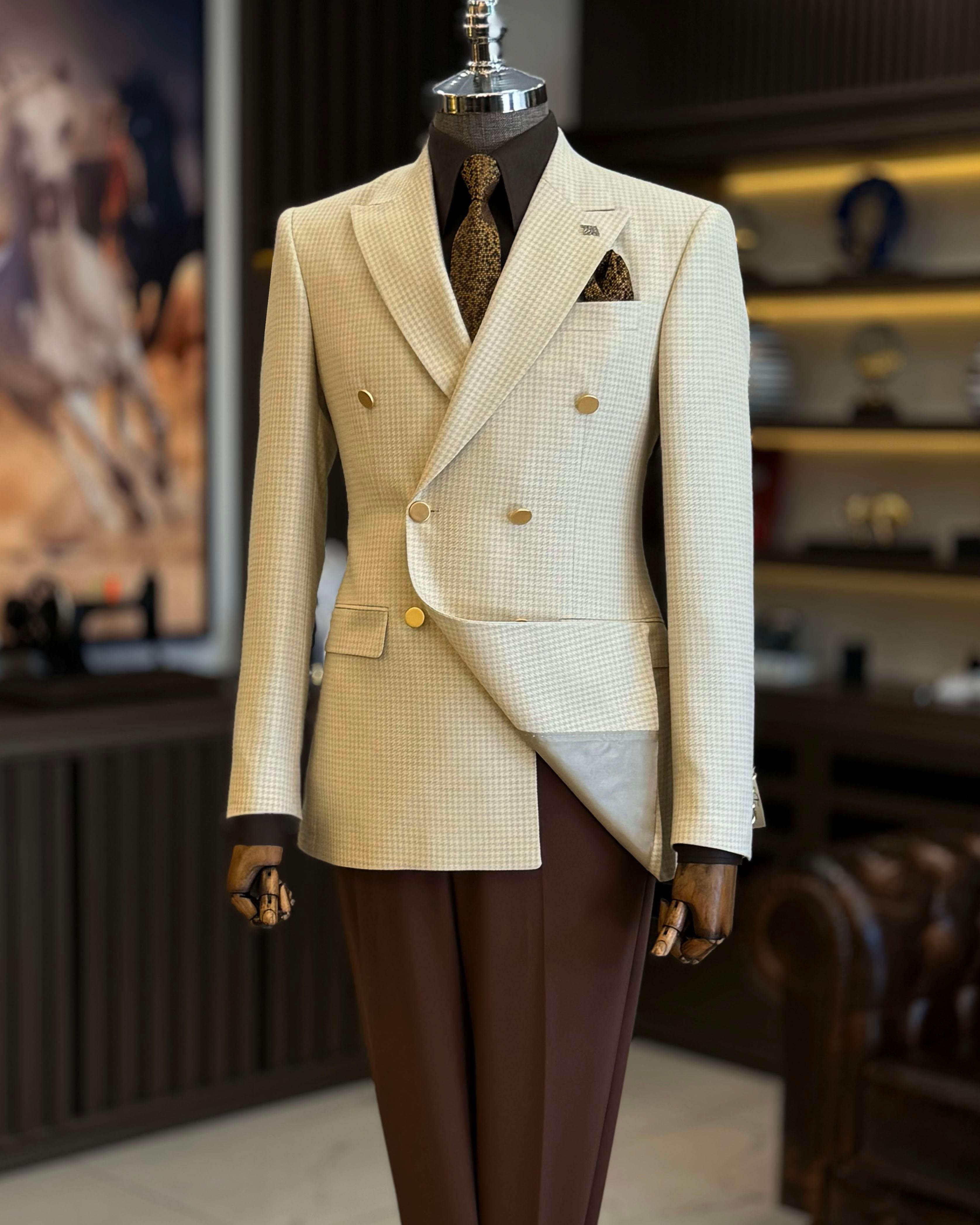 İtalyan stil slim fit kazayağı desen kruvaze erkek ceket bej T12551