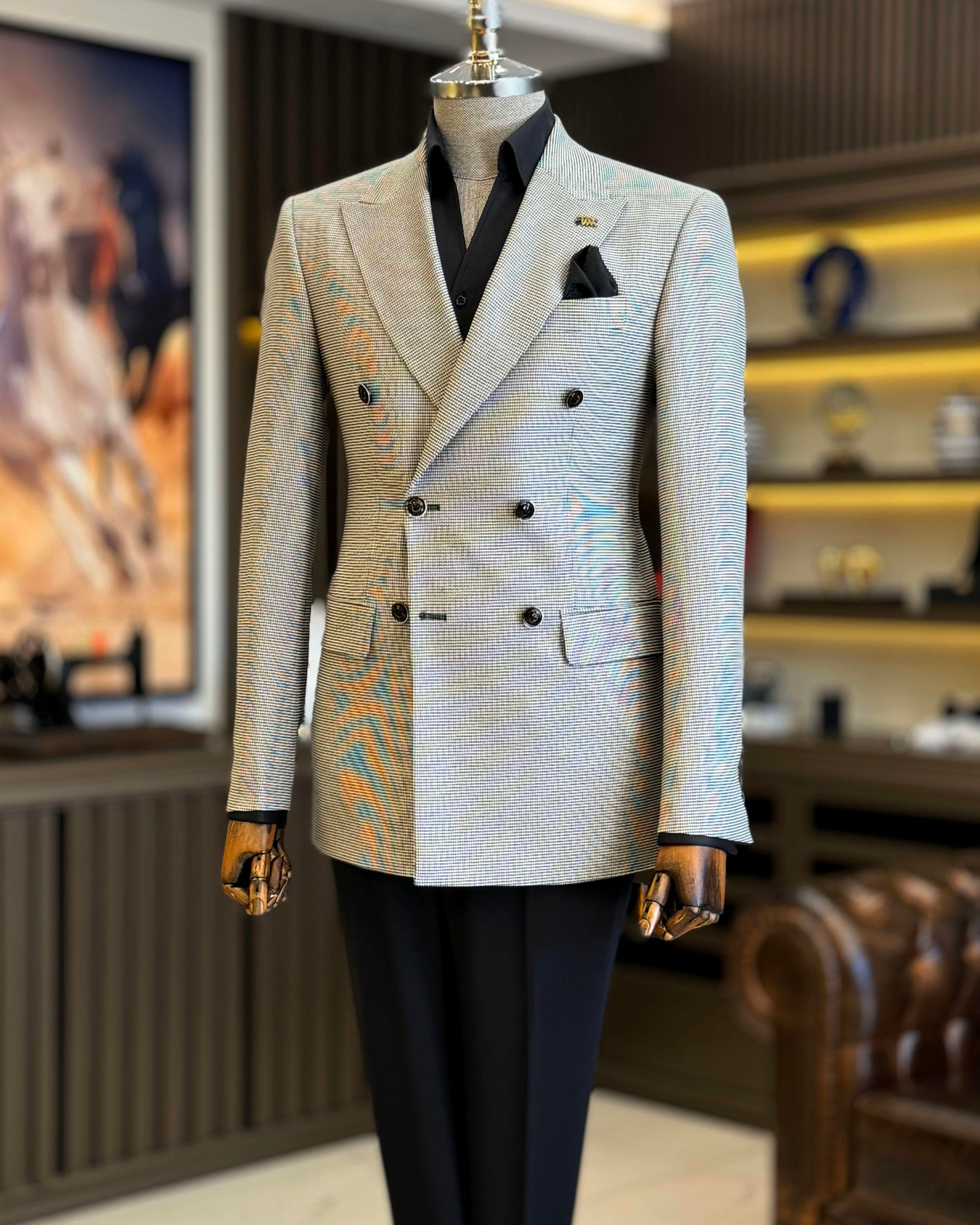 İtalyan stil slim fit kazayağı desen kruvaze erkek ceket  siyah T12624