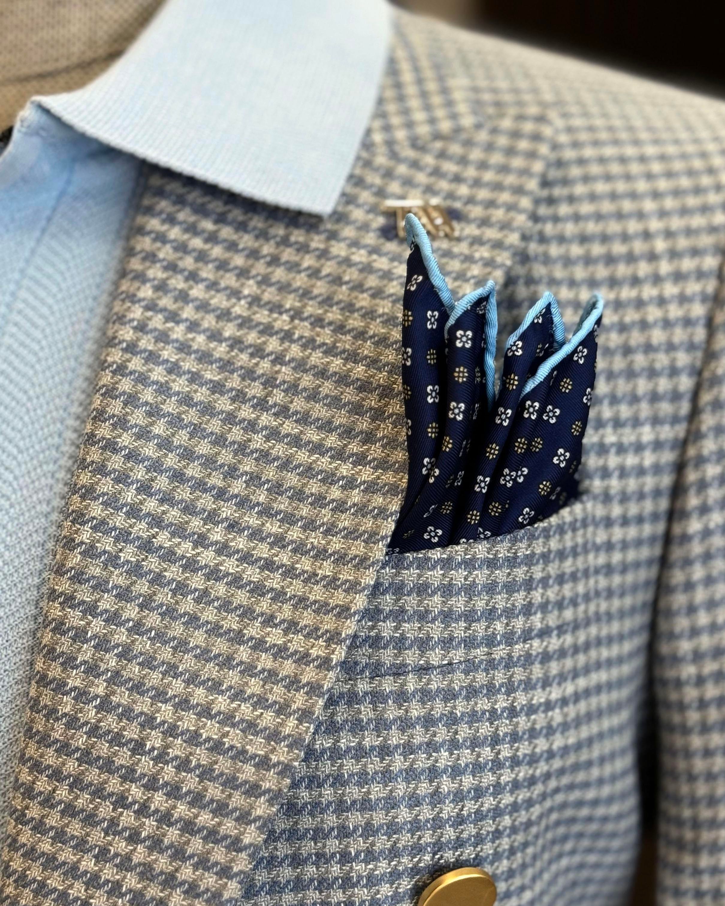 İtalyan stil slim fit kazayağı desen kruvaze erkek ceket mavi T12555