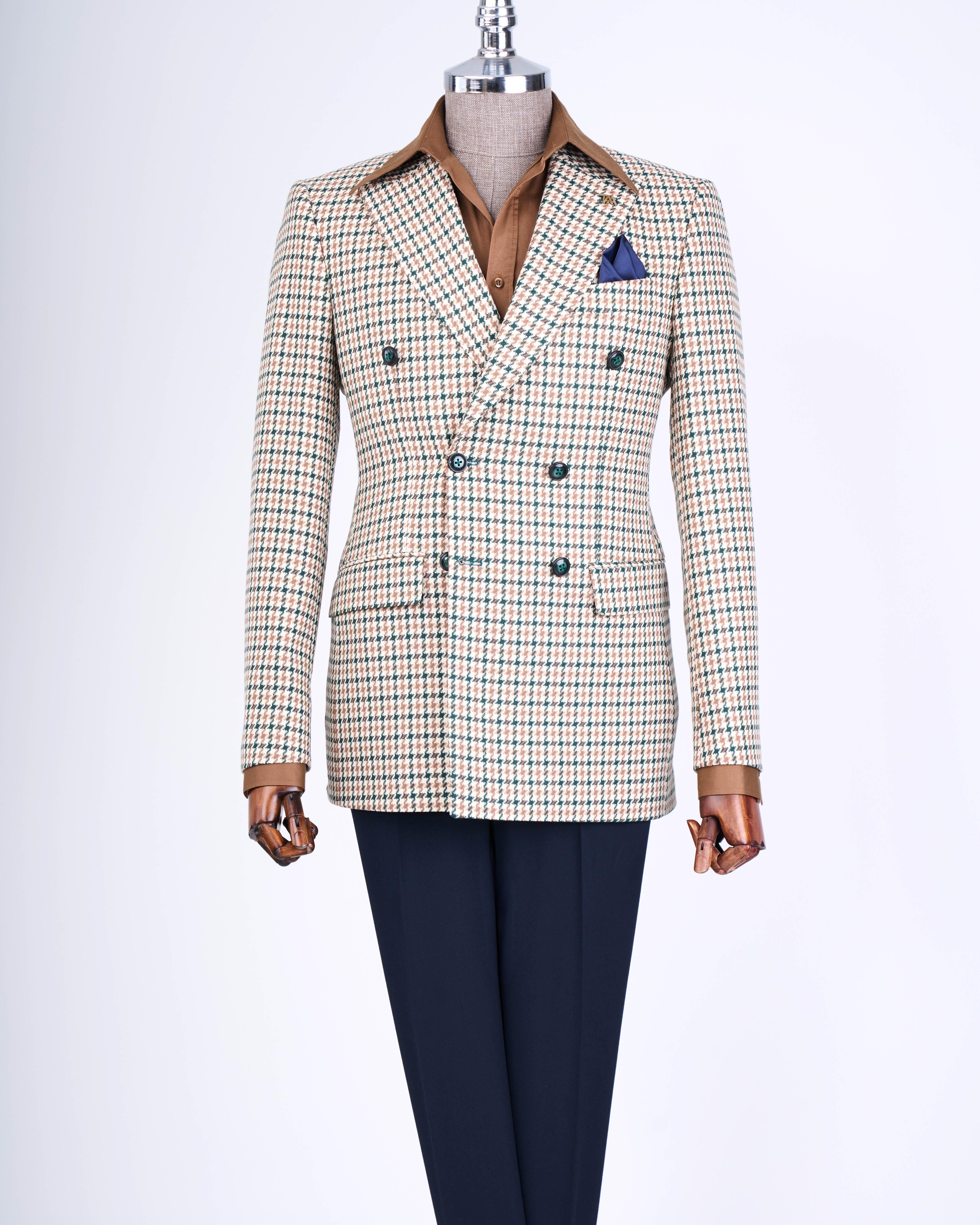 İtalyan stil slim fit kazayağı desen kruvaze erkek ceket yeşil T13049