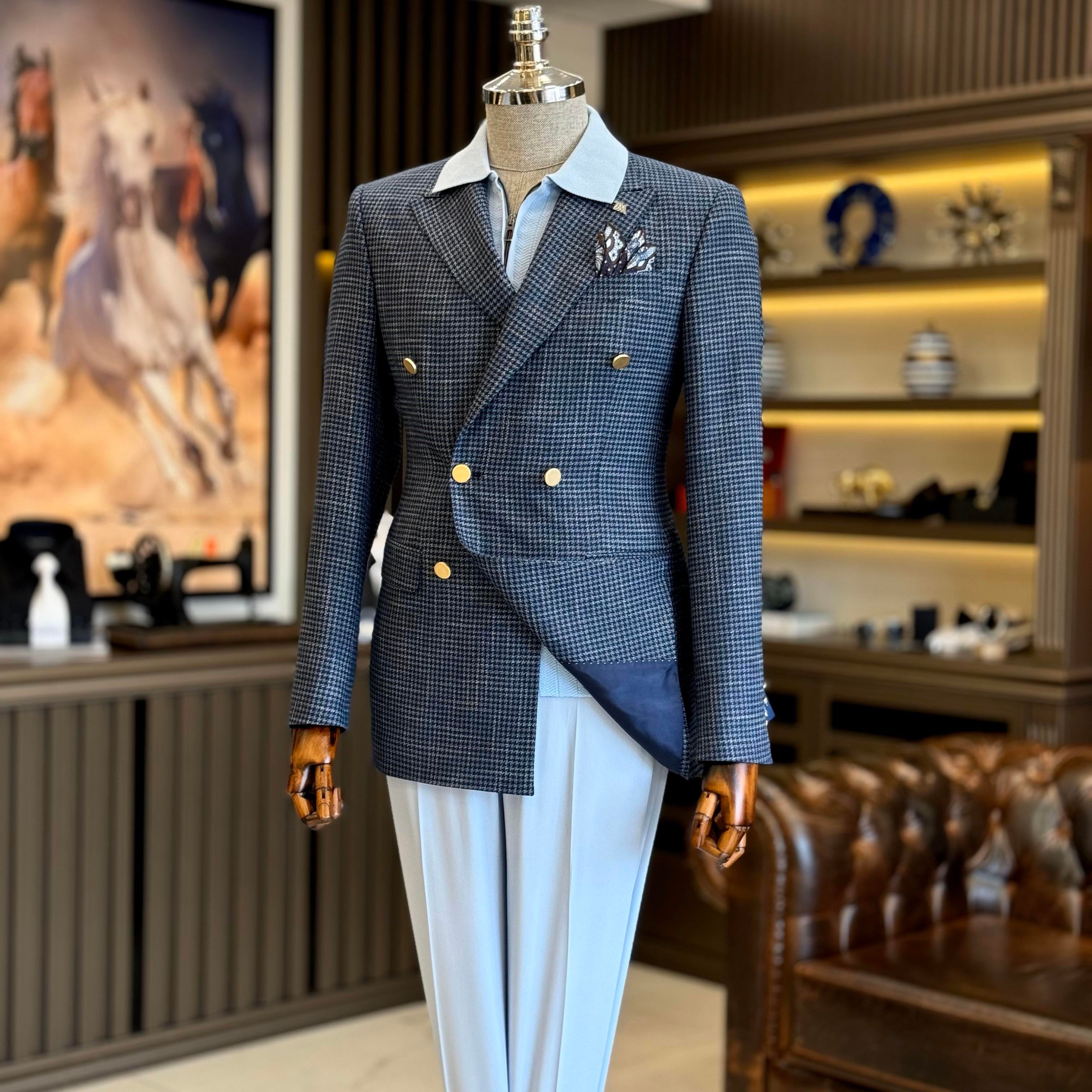 İtalyan stil slim fit kazayağı desen kruvaze erkek ceket lacivert T12554