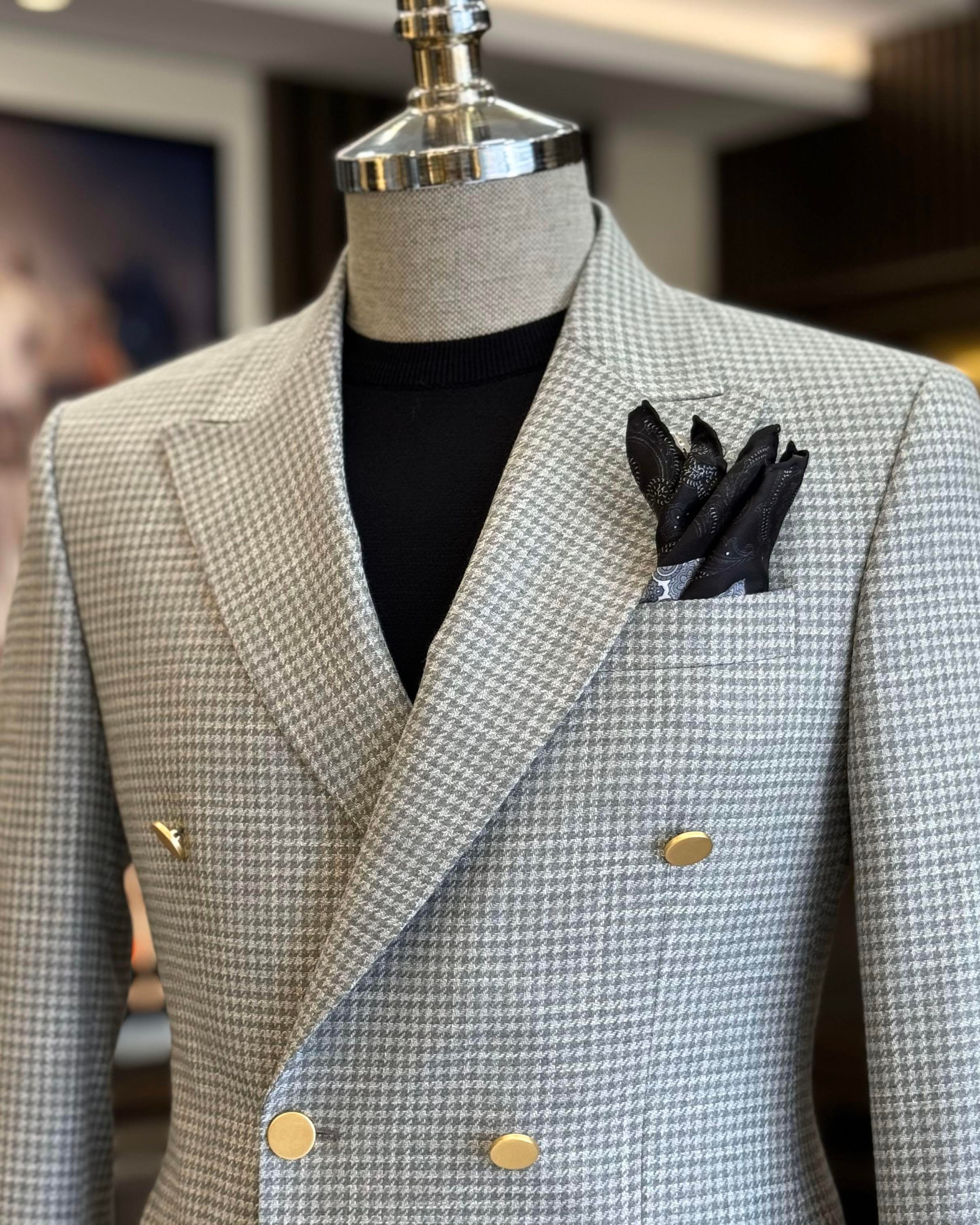 İtalyan stil slim fit kazayağı desen kruvaze erkek ceket gri T12556