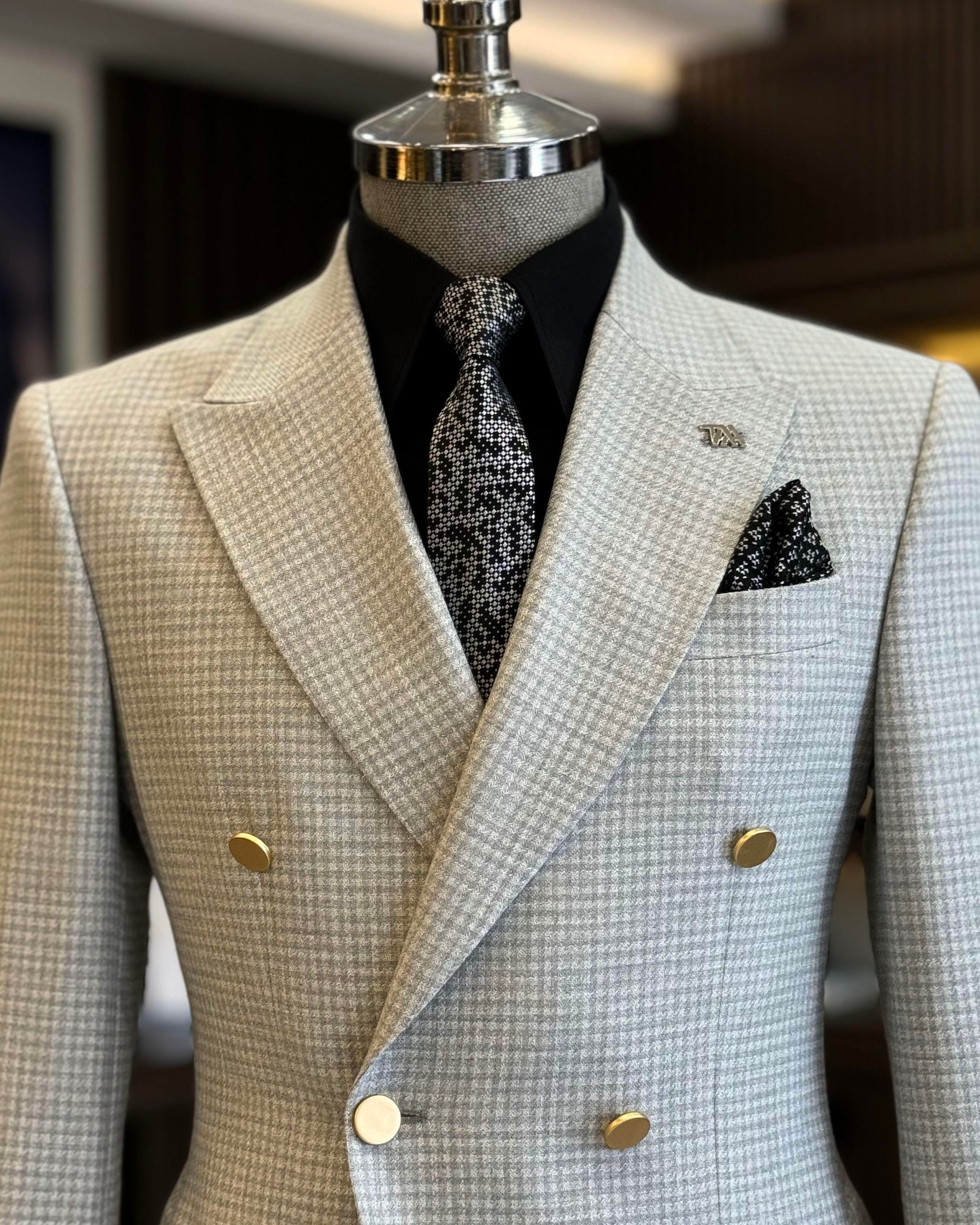 İtalyan stil slim fit kazayağı desen kruvaze erkek ceket gri T12557