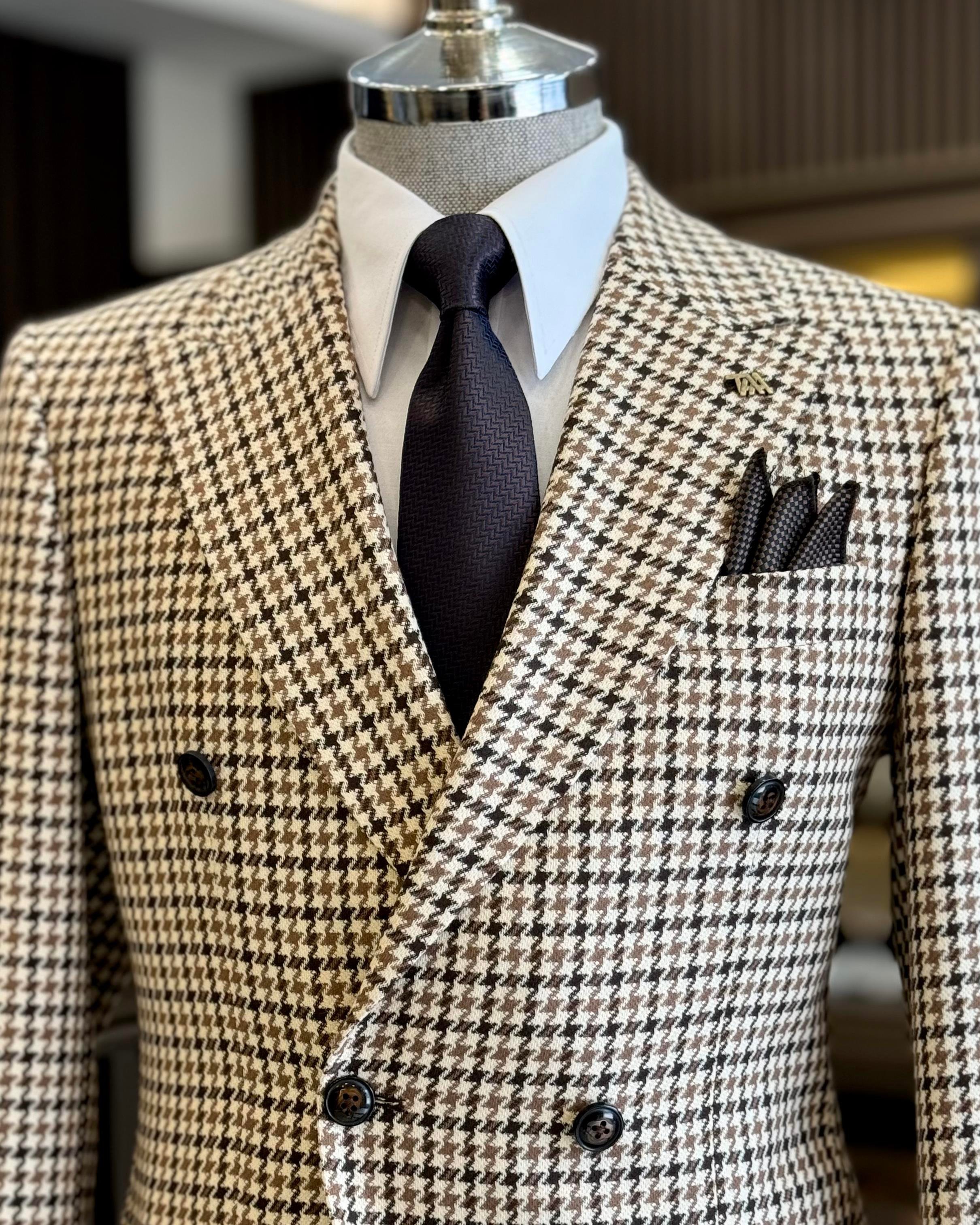 İtalyan stil slim fit kazayağı desen kruvaze erkek ceket kahverengi T13050