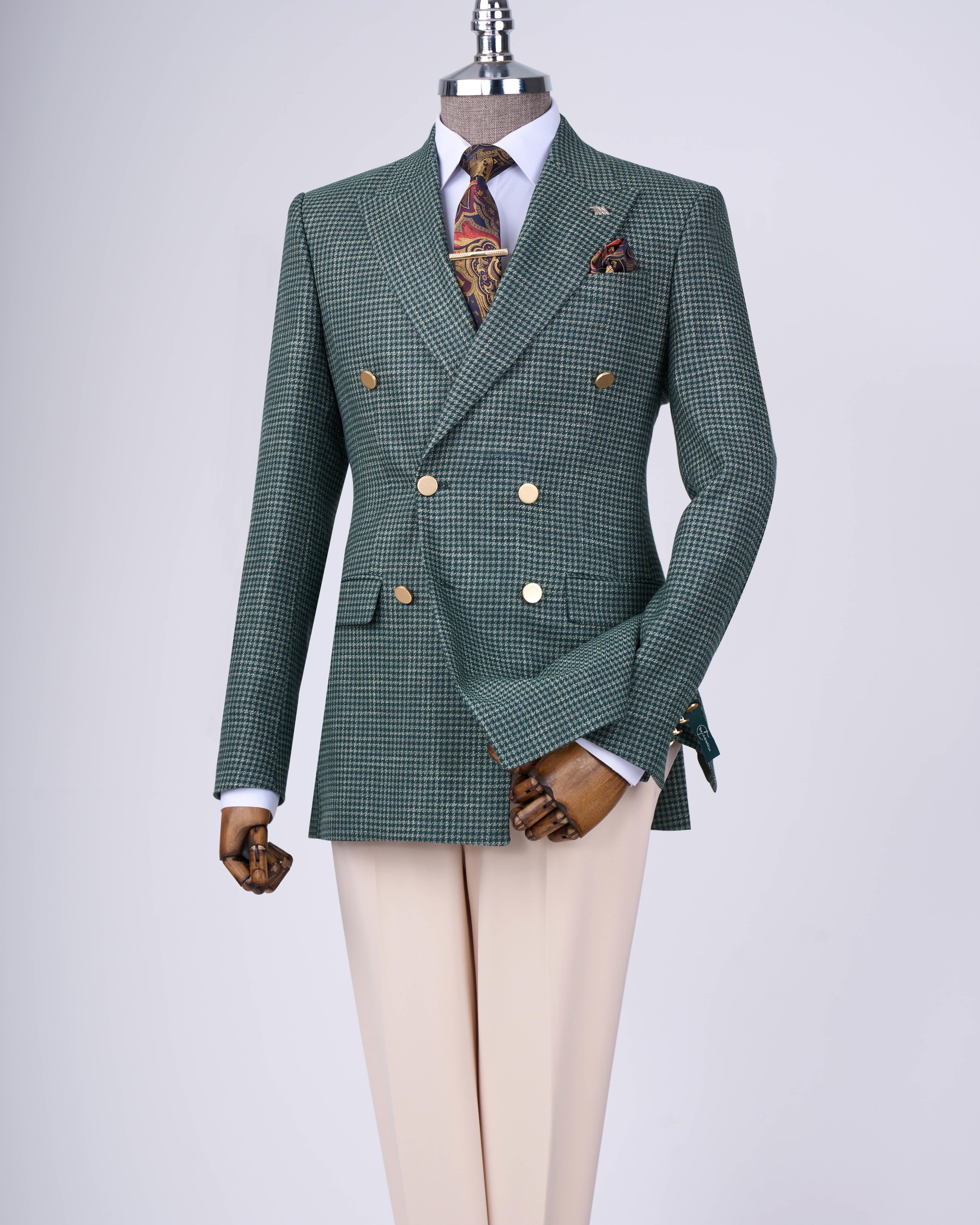 Italian style slim fit houndstooth pattern double breasted men's jacket green T12552