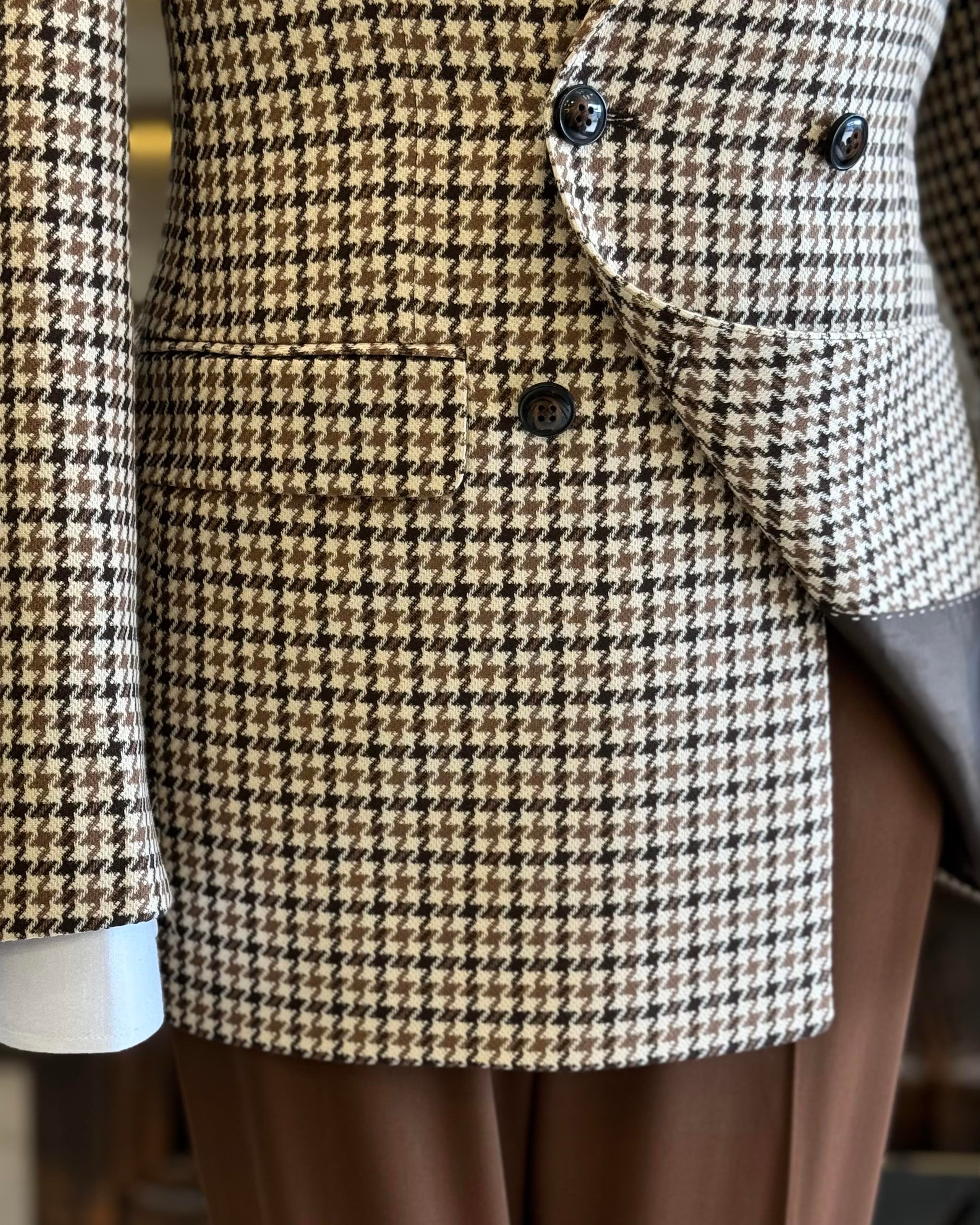 İtalyan stil slim fit kazayağı desen kruvaze erkek ceket kahverengi T13050