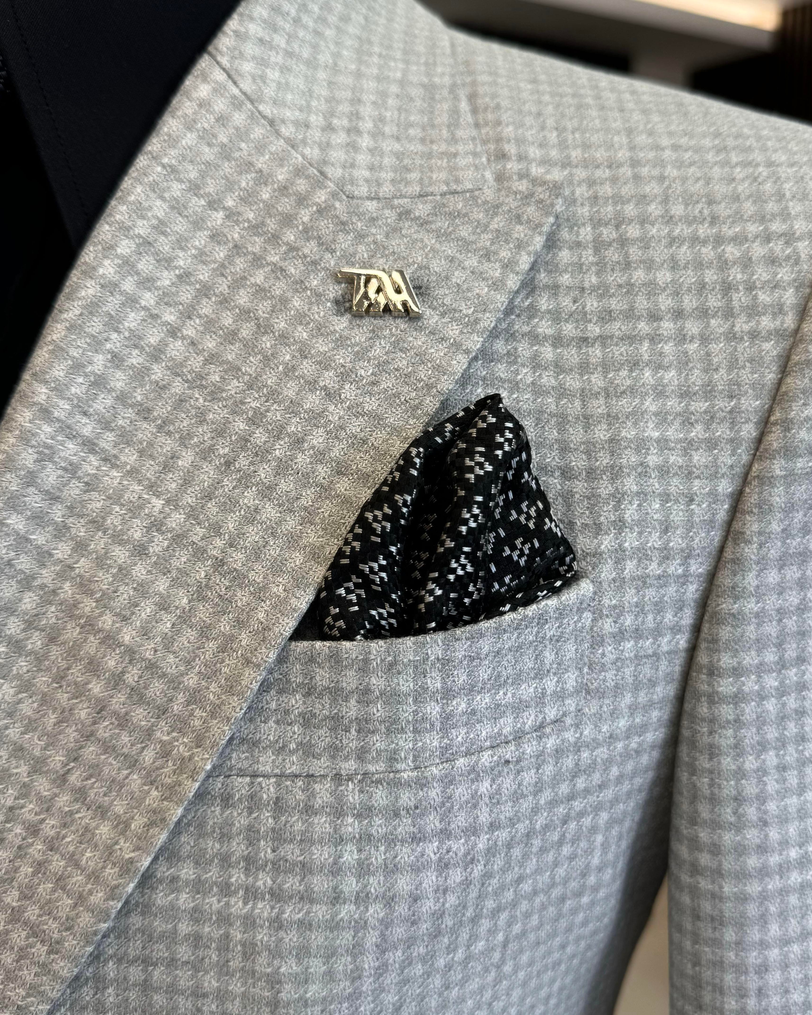 İtalyan stil slim fit kazayağı desen kruvaze erkek ceket gri T12557