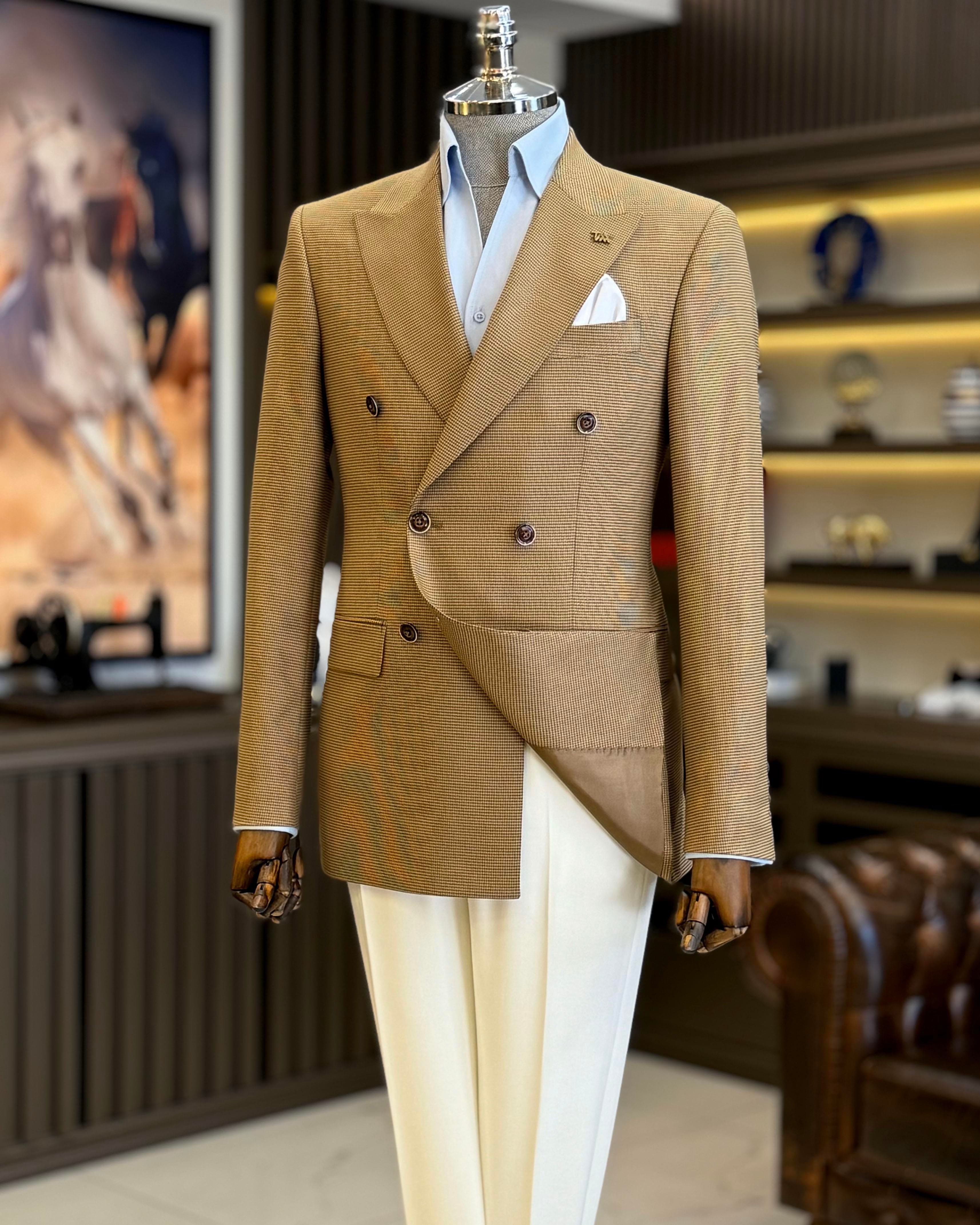 İtalyan stil slim fit kazayağı desen kruvaze erkek ceket kahverengi T12625