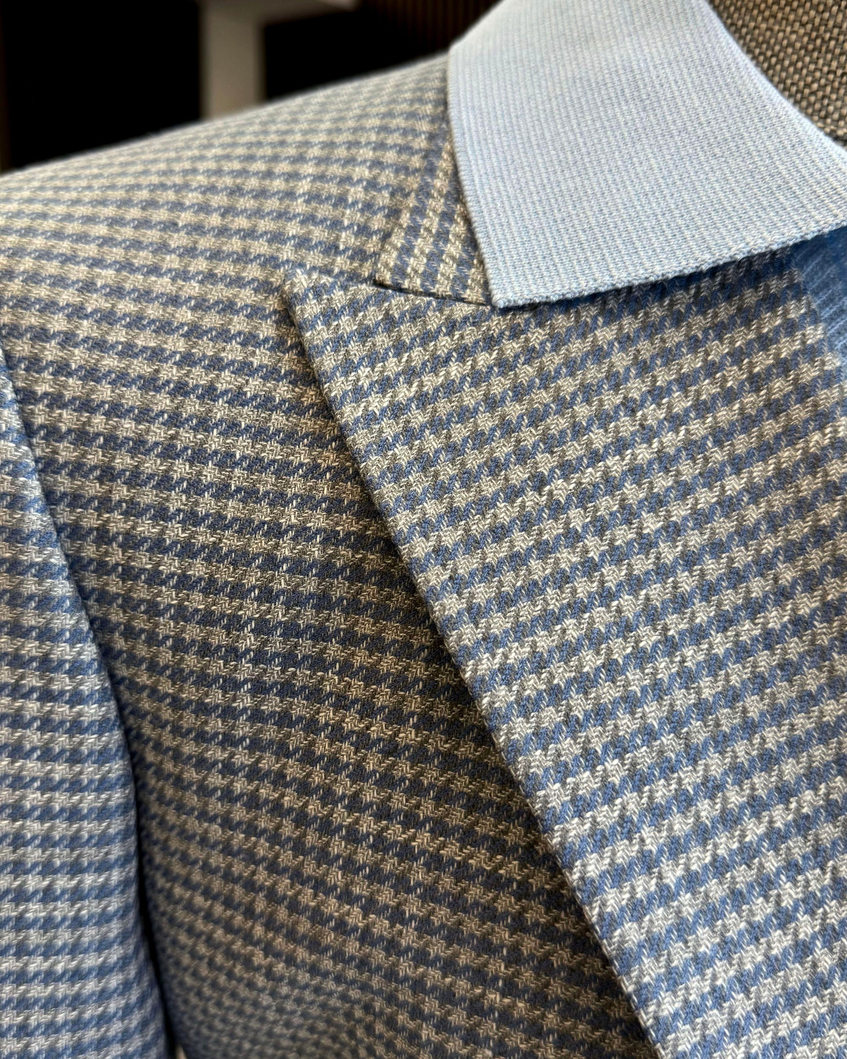 İtalyan stil slim fit kazayağı desen kruvaze erkek ceket mavi T12555