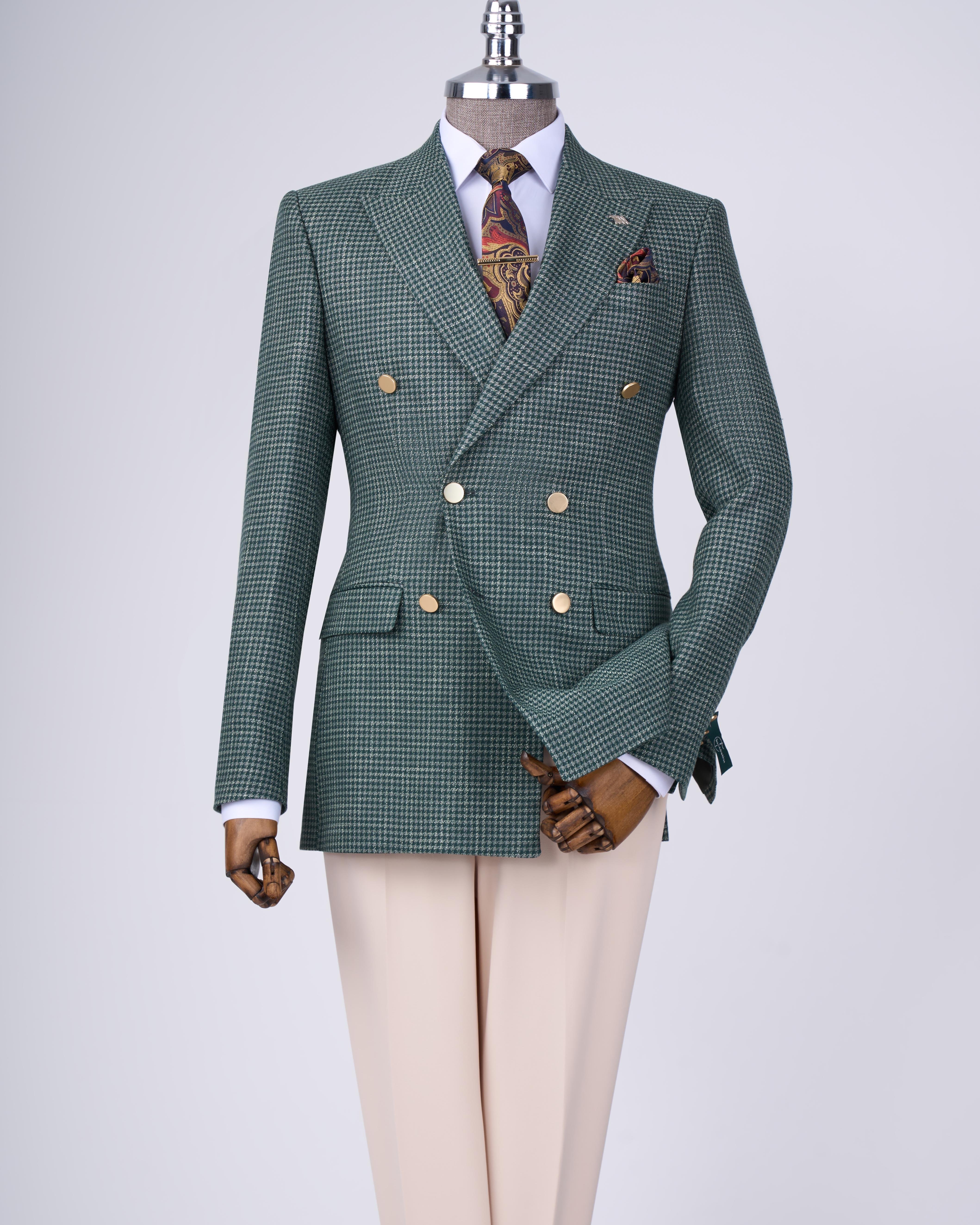 Italian style slim fit houndstooth pattern double breasted men's jacket green T12552