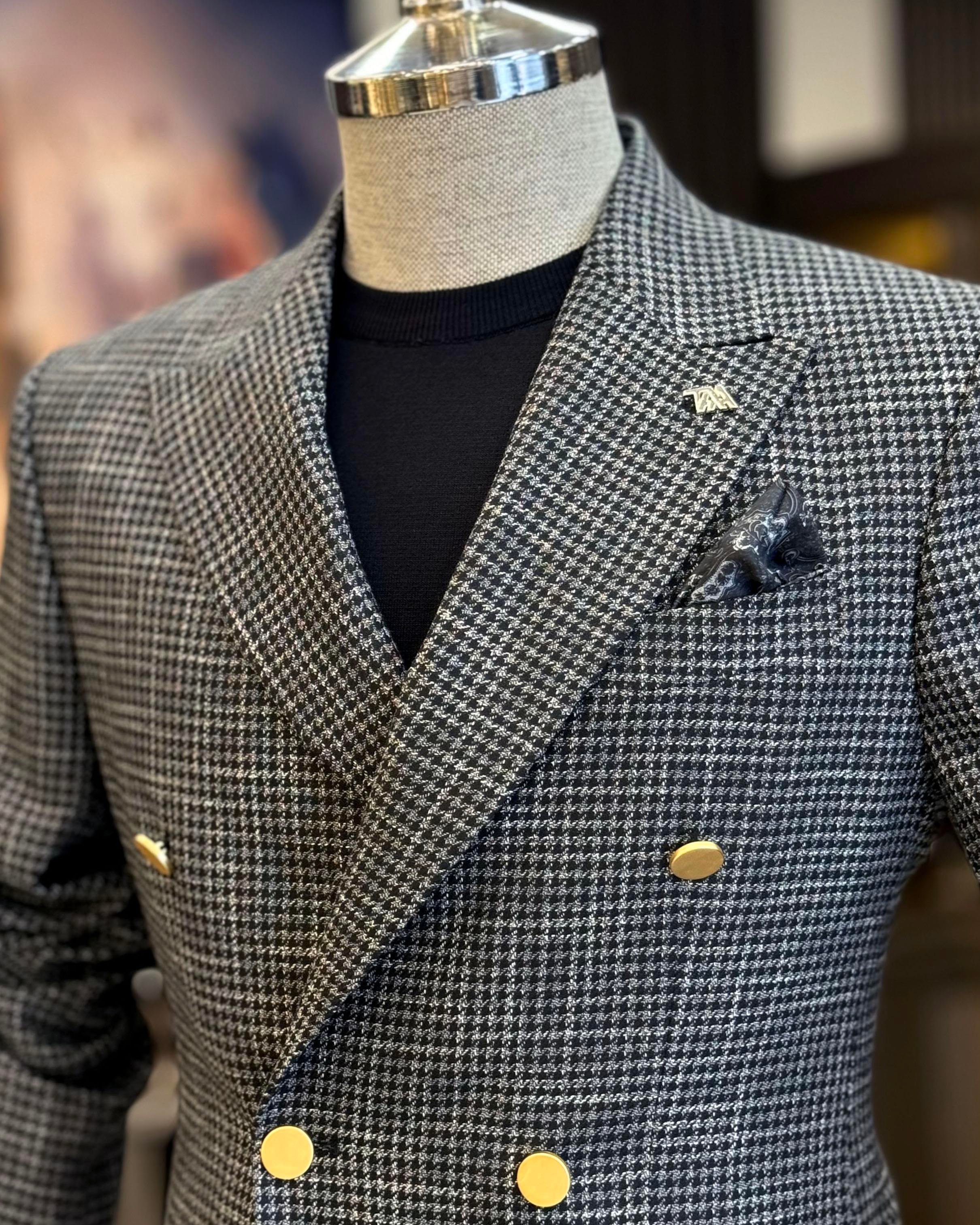 İtalyan stil slim fit kazayağı desen kruvaze erkek ceket siyah T12553